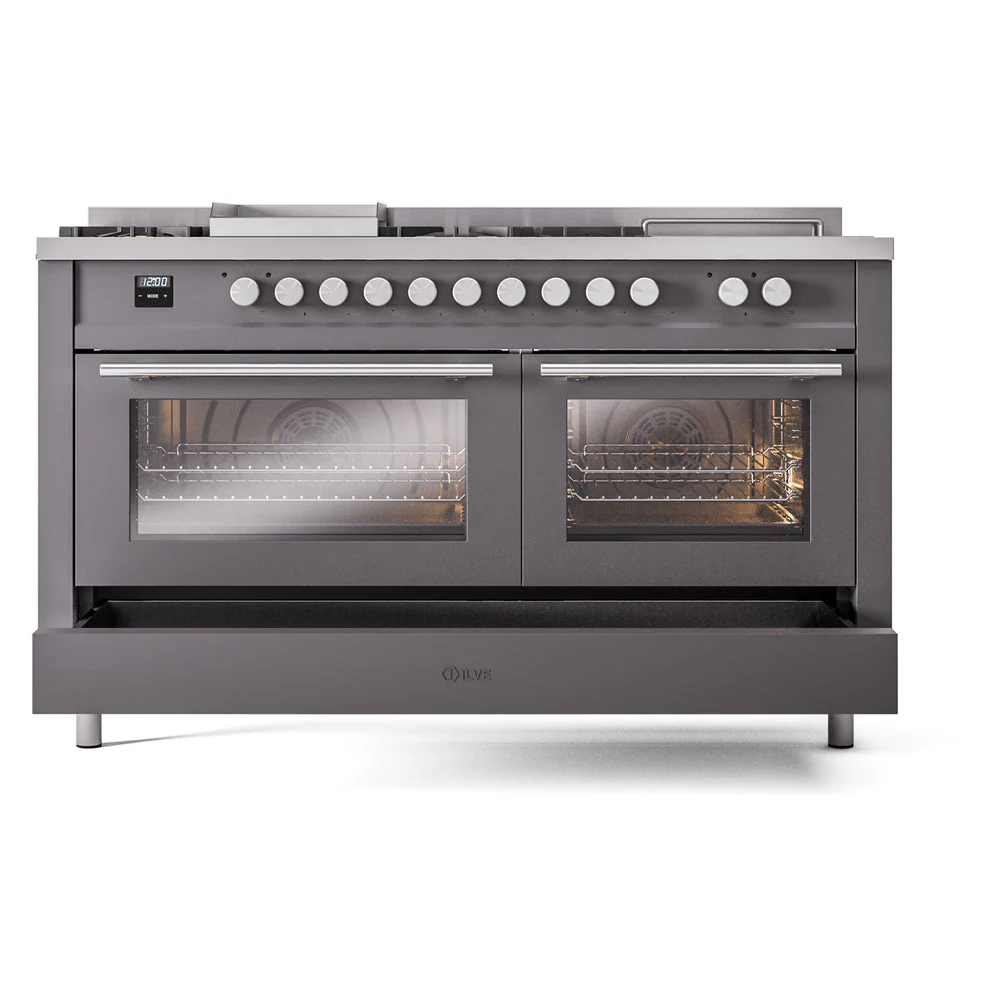 ILVE Professional Plus II 60-Inch Natural Gas Dual Fuel Range with 7 Burners, Griddle, & French Top with Solid Door Oven in Matte Graphite (UP60FSQMPMG) - Image 8