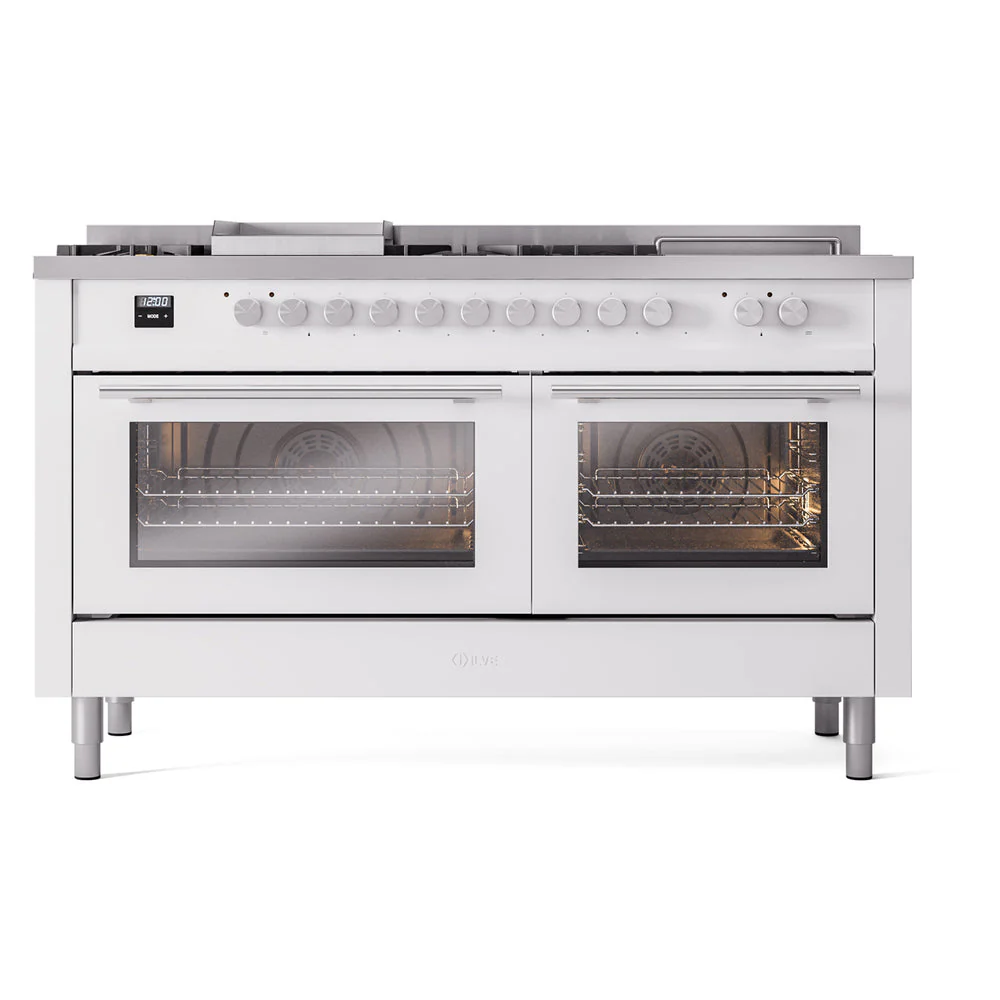 ILVE Professional Plus II 60-Inch Natural Gas Dual Fuel Range with 7 Burners, Griddle, & French Top with Solid Door Oven in White (UP60FSQMPWH) - Image 2