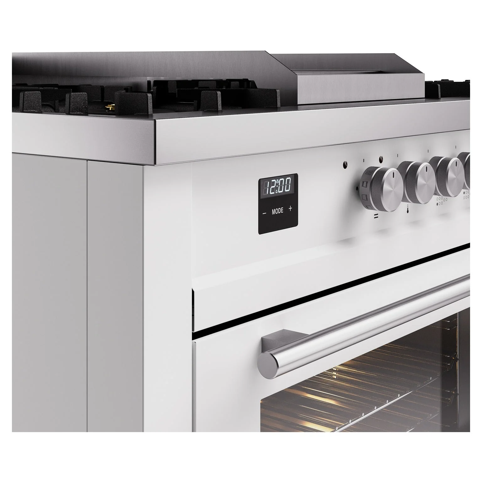 ILVE Professional Plus II 60-Inch Natural Gas Dual Fuel Range with 7 Burners, Griddle, & French Top with Solid Door Oven in White (UP60FSQMPWH) - Image 3
