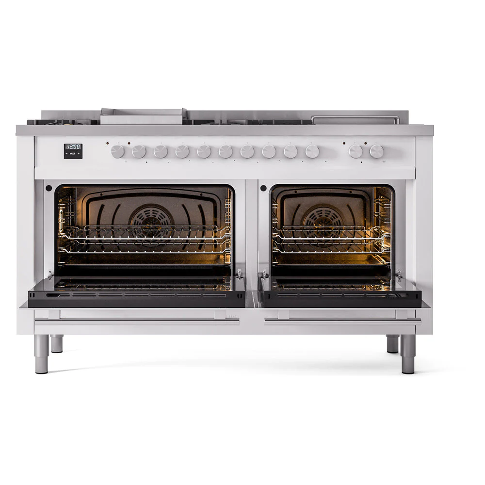 ILVE Professional Plus II 60-Inch Natural Gas Dual Fuel Range with 7 Burners, Griddle, & French Top with Solid Door Oven in White (UP60FSQMPWH) - Image 5