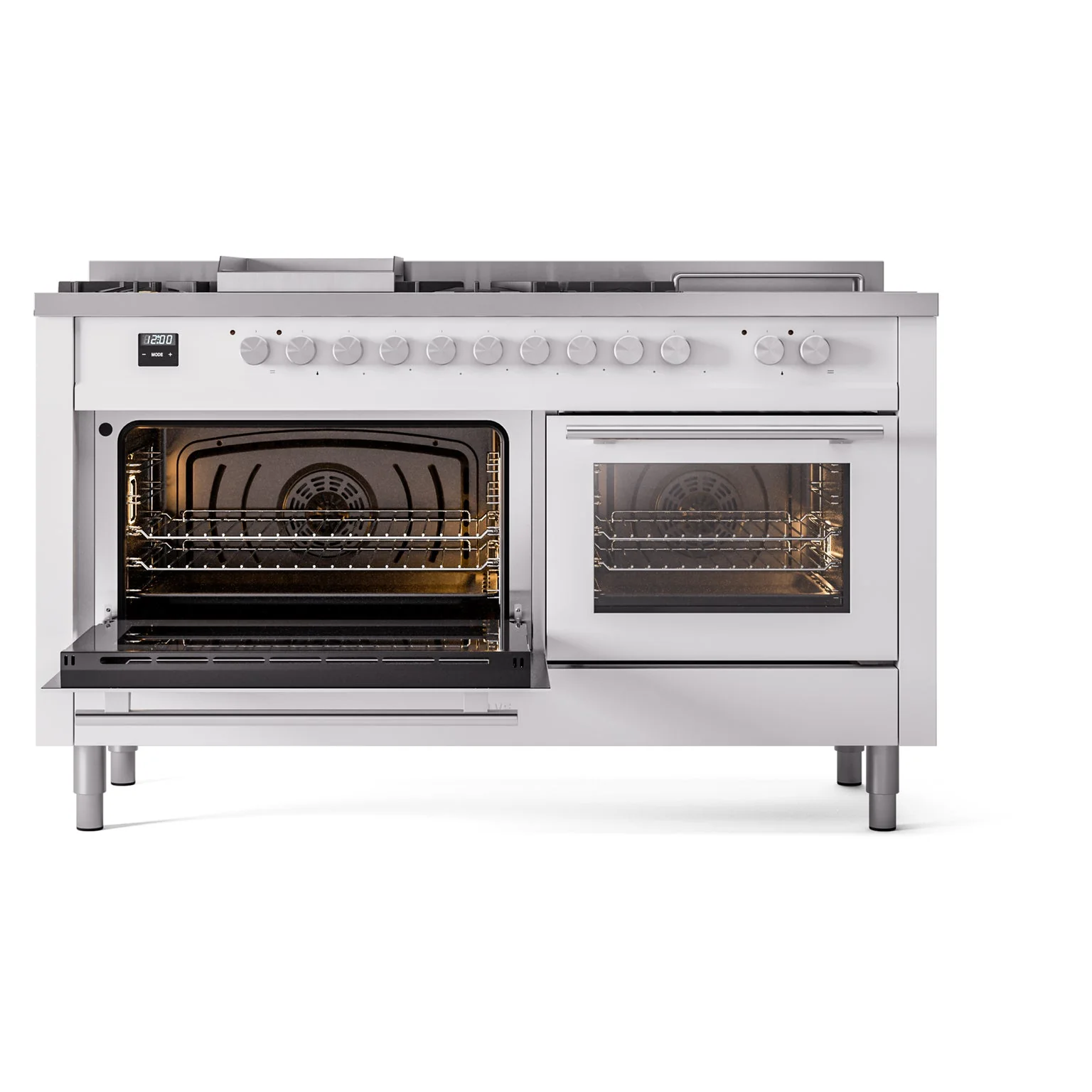 ILVE Professional Plus II 60-Inch Natural Gas Dual Fuel Range with 7 Burners, Griddle, & French Top with Solid Door Oven in White (UP60FSQMPWH) - Image 6