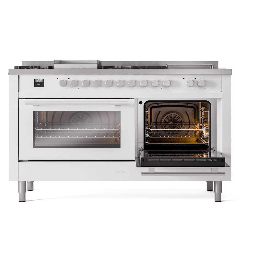 ILVE Professional Plus II 60-Inch Natural Gas Dual Fuel Range with 7 Burners, Griddle, & French Top with Solid Door Oven in White (UP60FSQMPWH) - Image 7
