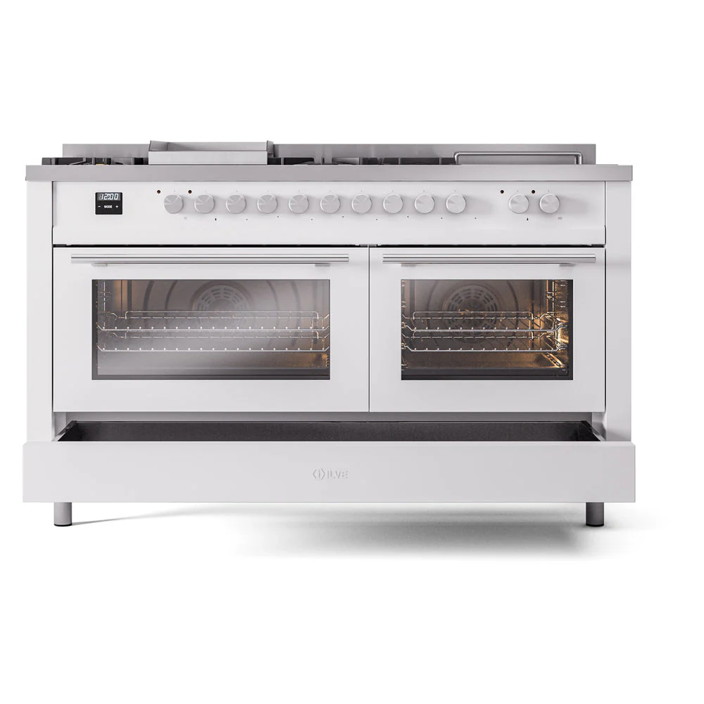 ILVE Professional Plus II 60-Inch Natural Gas Dual Fuel Range with 7 Burners, Griddle, & French Top with Solid Door Oven in White (UP60FSQMPWH) - Image 8