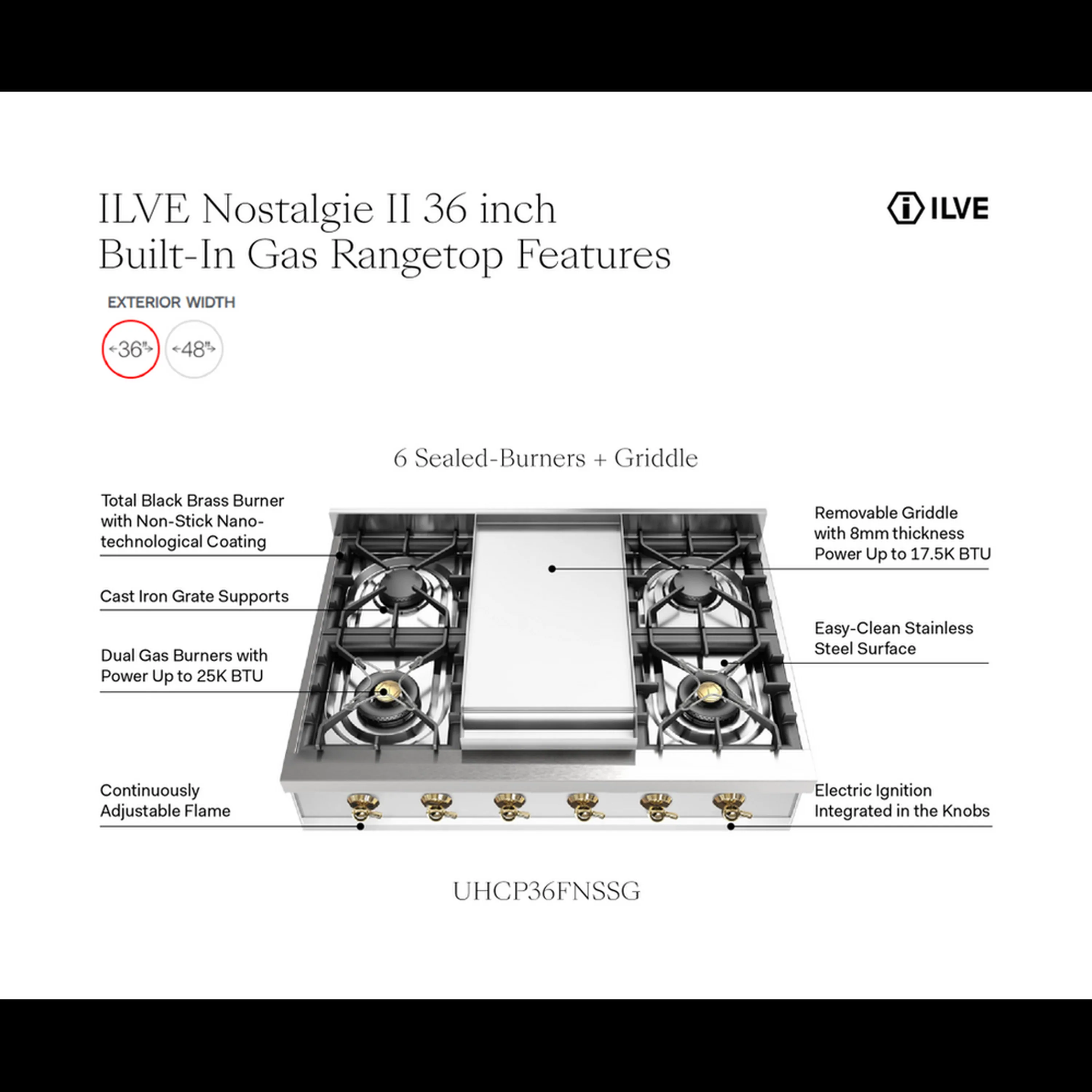 ILVE Nostalgie II 36-Inch Built-In Propane Gas Rangetop with Griddle in Stainless Steel (UHCP36FNSSG) - Image 9