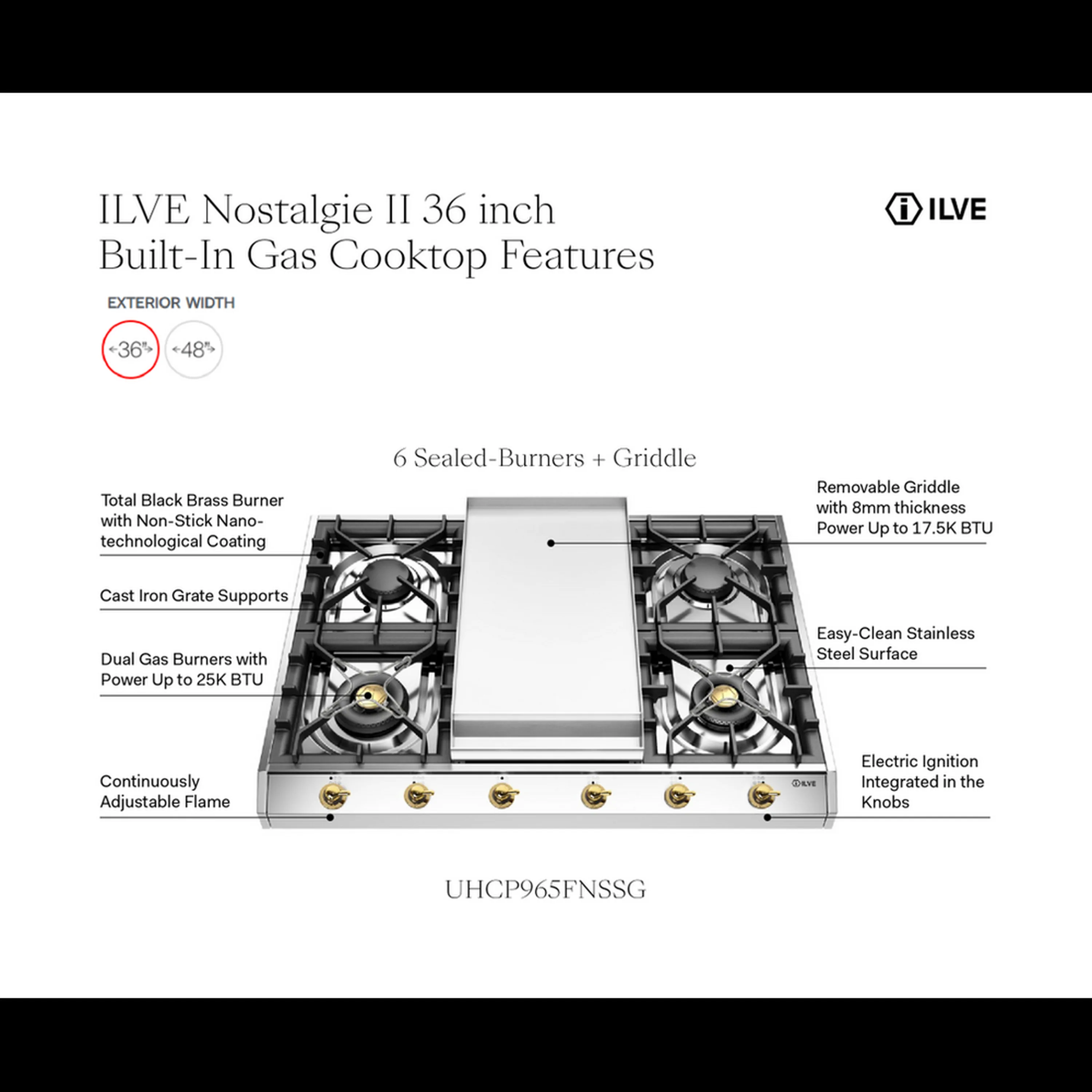 ILVE Nostalgie II 36-Inch Built-In Natural Gas Cooktop with Griddle in Stainless Steel (UHCP965FNSSG) - Image 10
