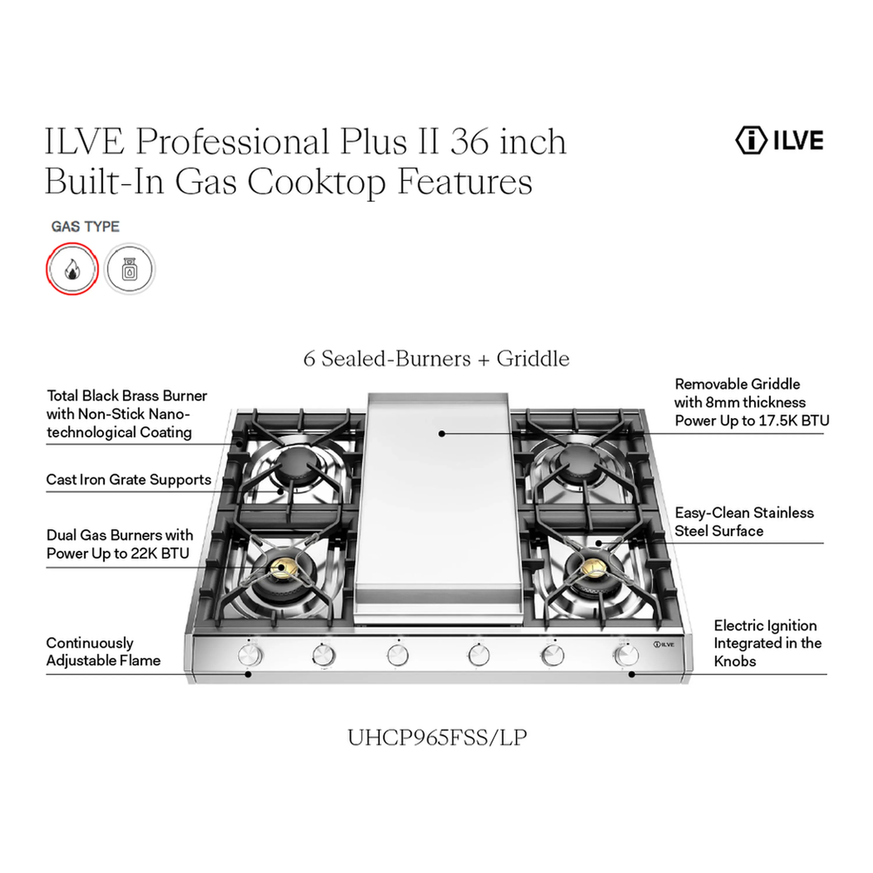 ILVE Professional Plus II 36-Inch Built-In Natural Gas Cooktop with Griddle in Stainless Steel (UHCP965FSS) - Image 9