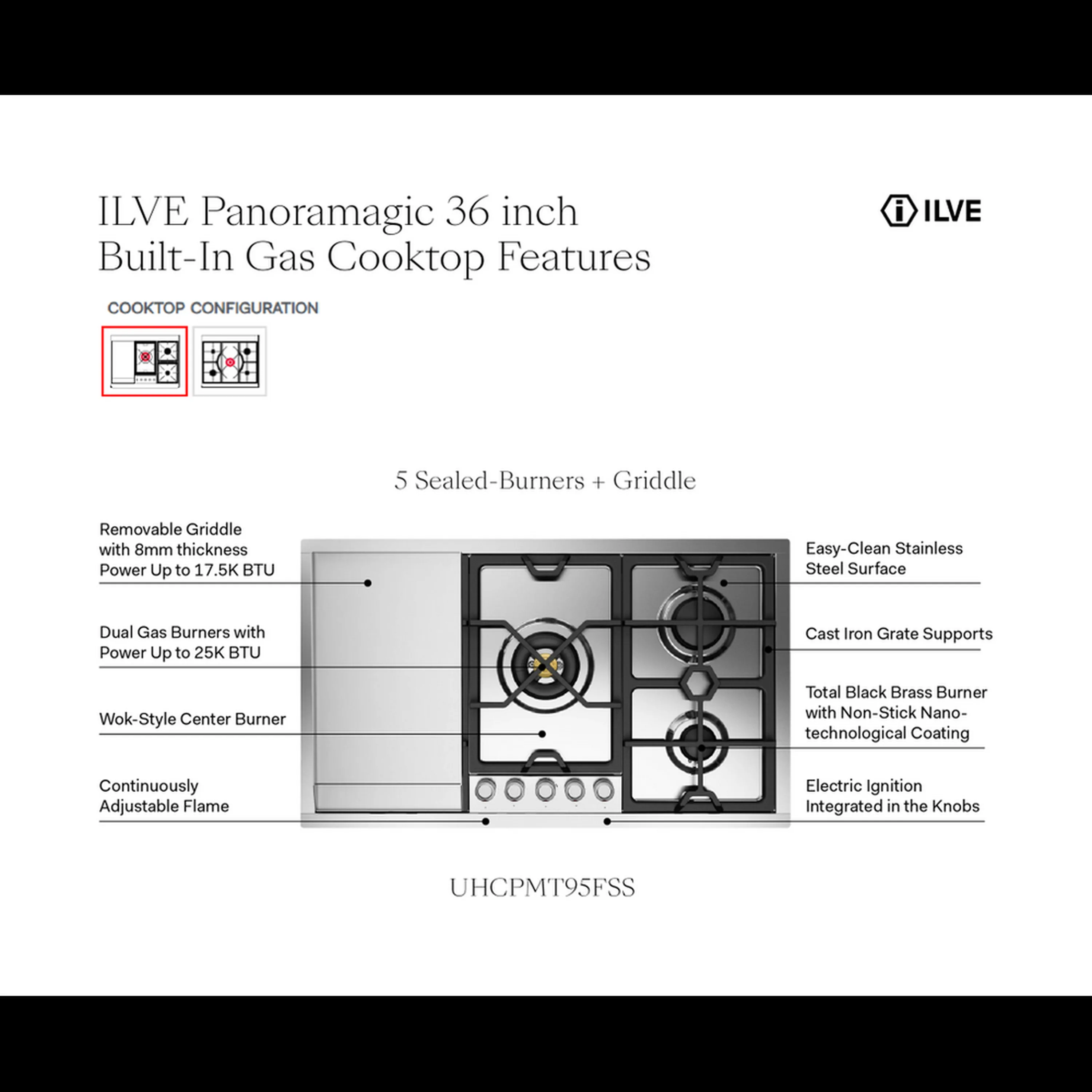 ILVE Panoramagic 36-Inch Built-In Propane Gas Cooktop with 5 Burners + Griddle in Stainless Steel (UHCPMT95FSSLP) - Image 10