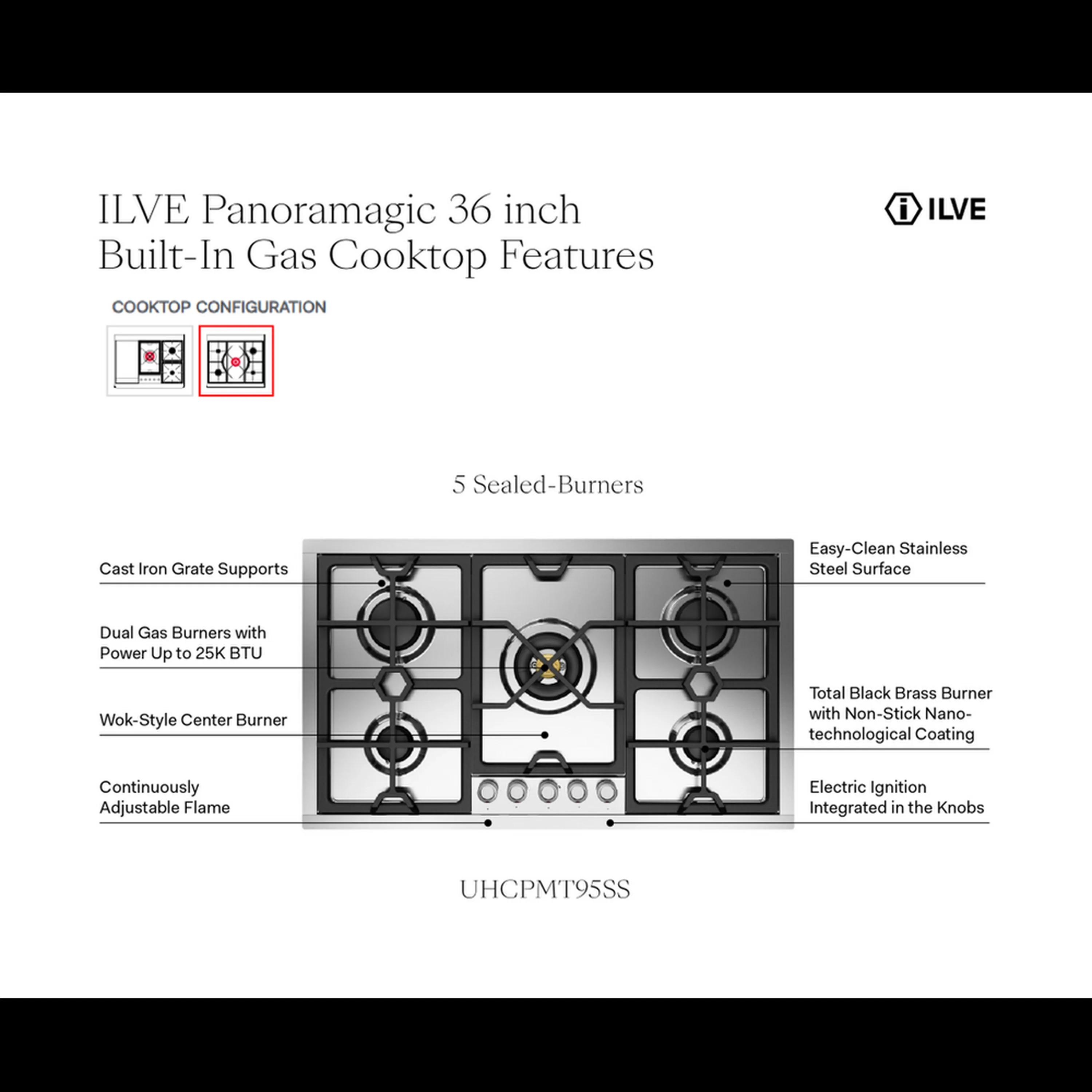 ILVE Panoramagic 36-Inch Built-In Gas Cooktop with 5 Burners in Stainless Steel (UHCPMT95SS) - Image 10