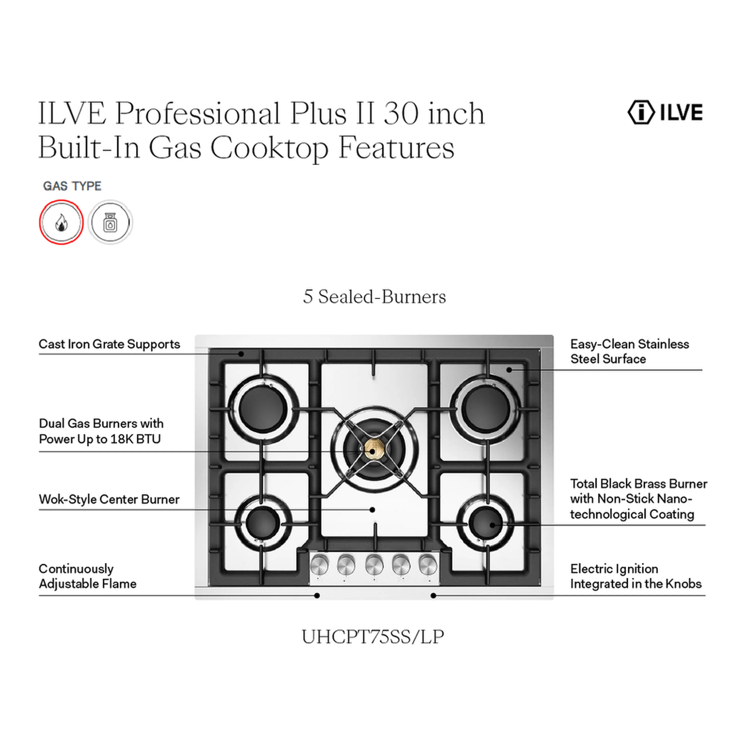 ILVE Professional Plus II 30-Inch Built-In Natural Gas Cooktop with 5 Burners in Stainless Steel (UHCPT75SS) - Image 10