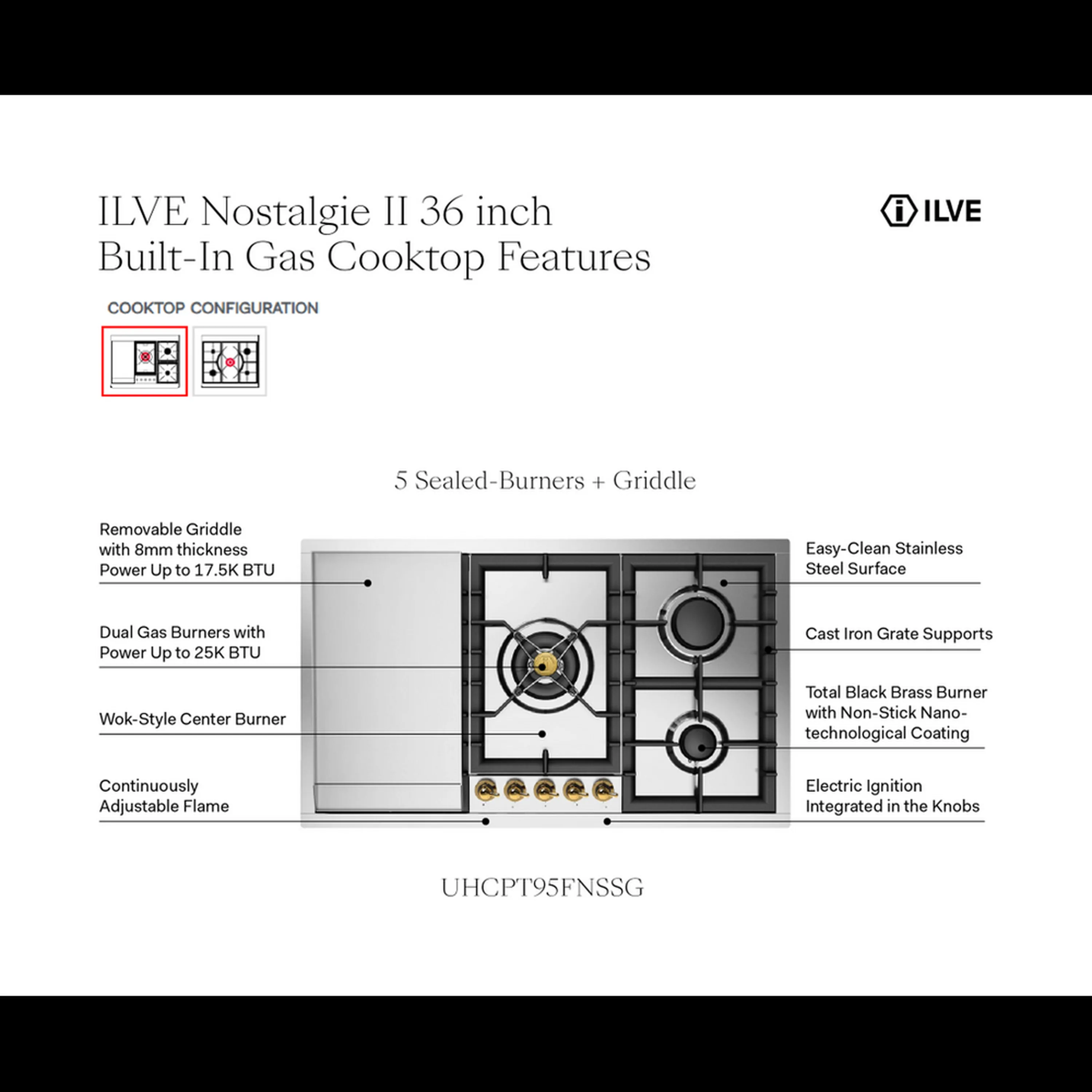 ILVE Nostalgie II 36-Inch Built-In Propane Gas Cooktop with Total Black Brass Burners in Stainless Steel (UHCPT95FNSSGLP) - Image 9