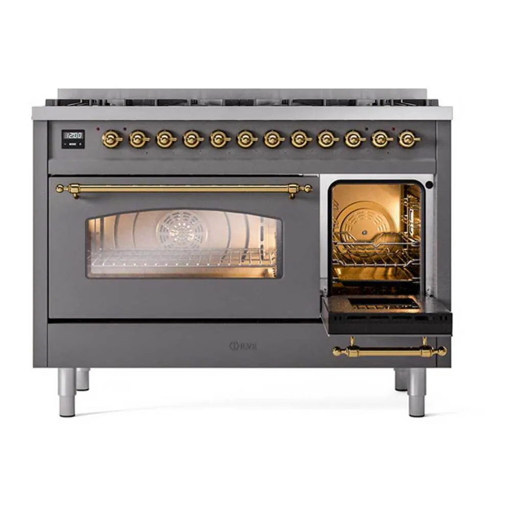 ILVE Nostalgie II Limited Edition 48-Inch Propane Gas Dual Fuel Range with 8 Gas Brass Burners and Electric Oven in Matte Graphite (UP488NMPMGGLP) - Image 3