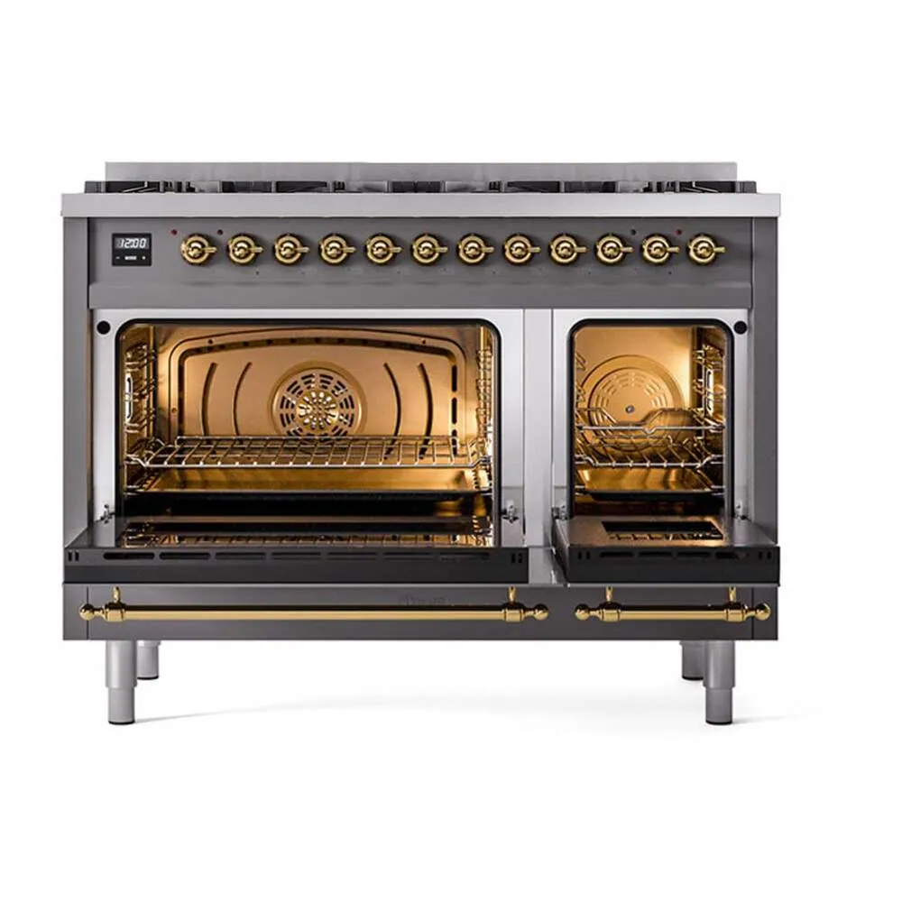 ILVE Nostalgie II Limited Edition 48-Inch Propane Gas Dual Fuel Range with 8 Gas Brass Burners and Electric Oven in Matte Graphite (UP488NMPMGGLP) - Image 4