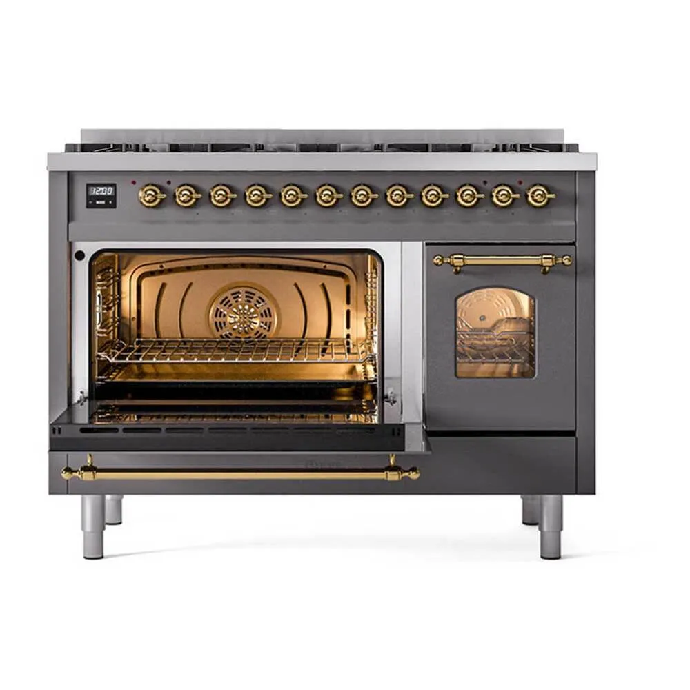 ILVE Nostalgie II Limited Edition 48-Inch Propane Gas Dual Fuel Range with 8 Gas Brass Burners and Electric Oven in Matte Graphite (UP488NMPMGGLP) - Image 5