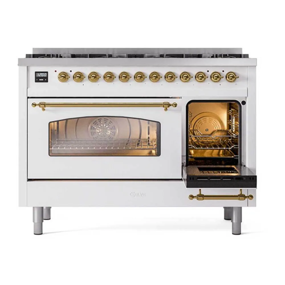 ILVE Nostalgie II Limited Edition 48-Inch Propane Gas Dual Fuel Range with 8 Gas Brass Burners and Electric Oven in White (UP488NMPWHGLP) - Image 3