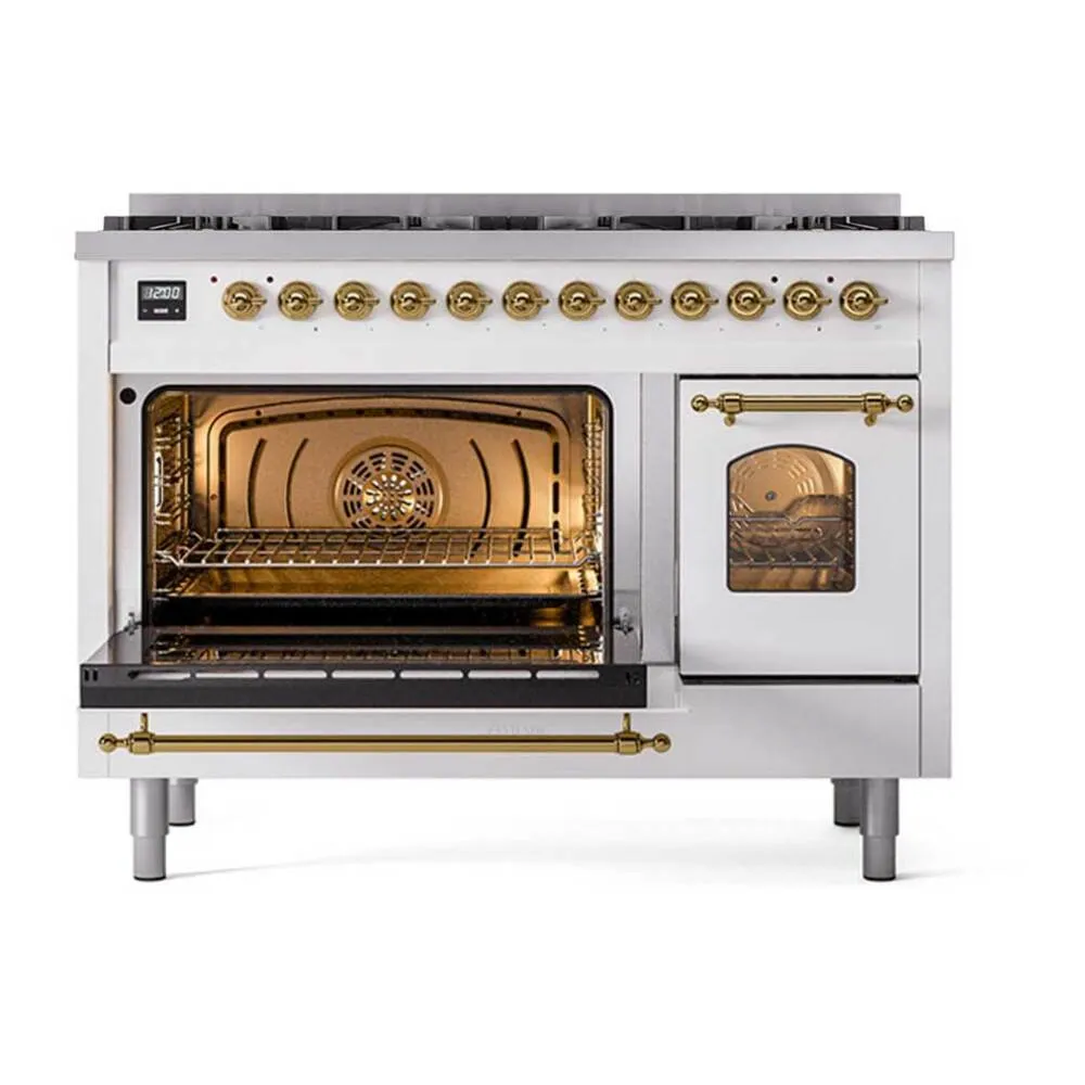 ILVE Nostalgie II Limited Edition 48-Inch Propane Gas Dual Fuel Range with 8 Gas Brass Burners and Electric Oven in White (UP488NMPWHGLP) - Image 4