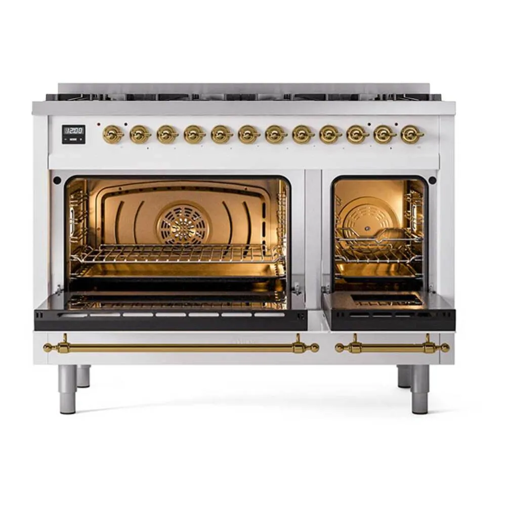 ILVE Nostalgie II Limited Edition 48-Inch Propane Gas Dual Fuel Range with 8 Gas Brass Burners and Electric Oven in White (UP488NMPWHGLP) - Image 5