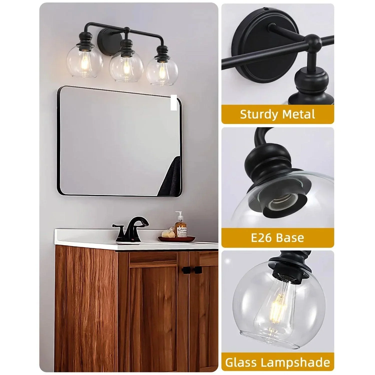 Parrot Uncle Irvine Black Modern Clear Glass 3-Light Vanity Light (3056-3BLACK) - Image 3