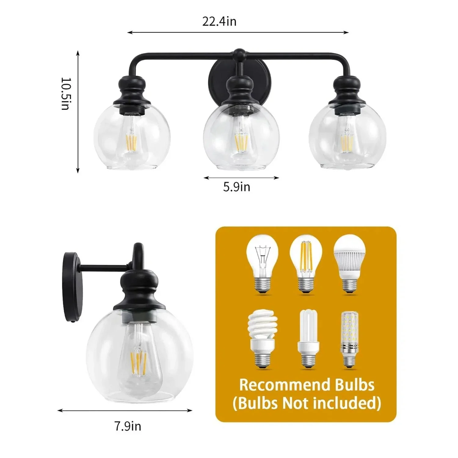 Parrot Uncle Irvine Black Modern Clear Glass 3-Light Vanity Light (3056-3BLACK) - Image 8