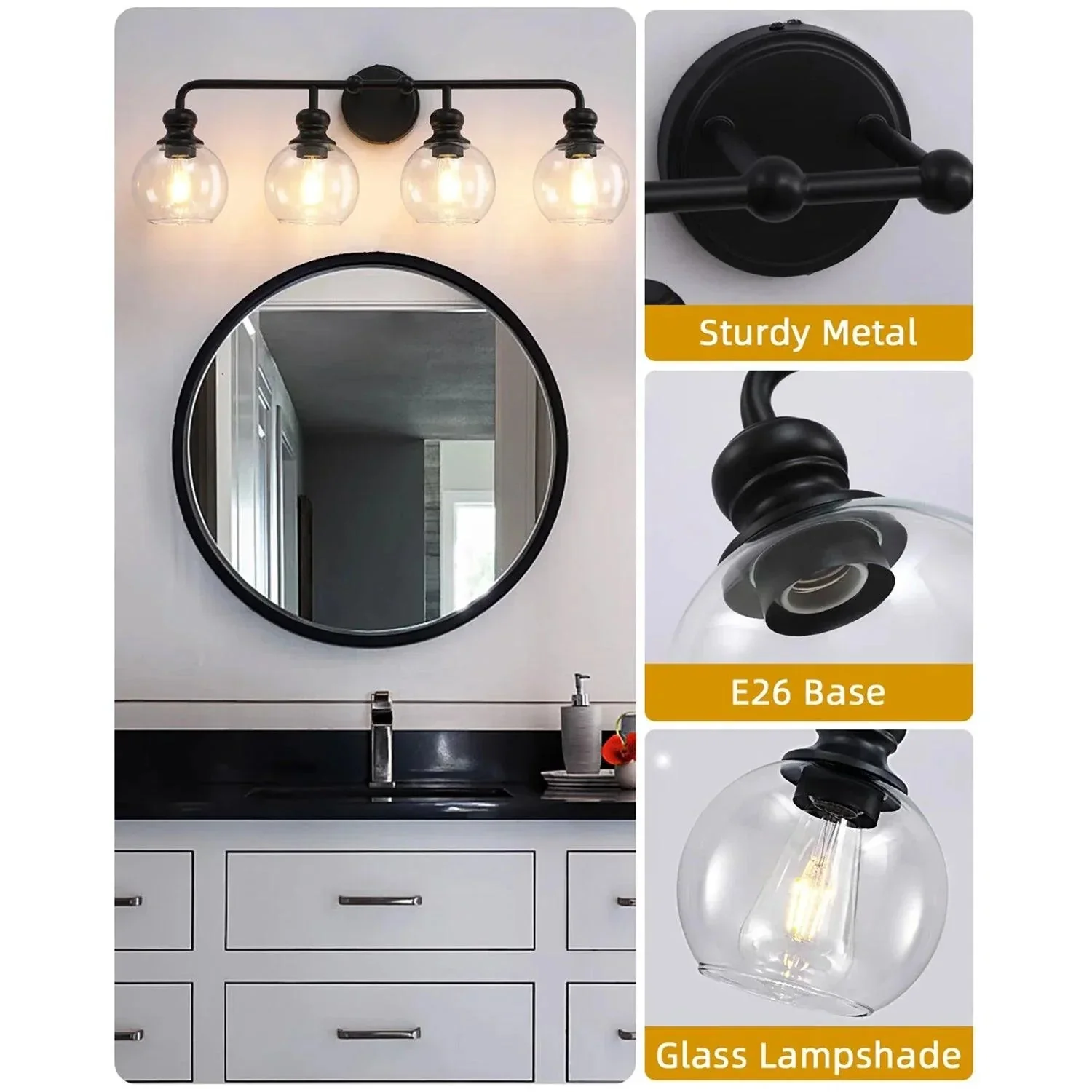 Parrot Uncle Irvine Black Modern Clear Glass 4-Light Vanity Light (3056-4BLACK) - Image 3