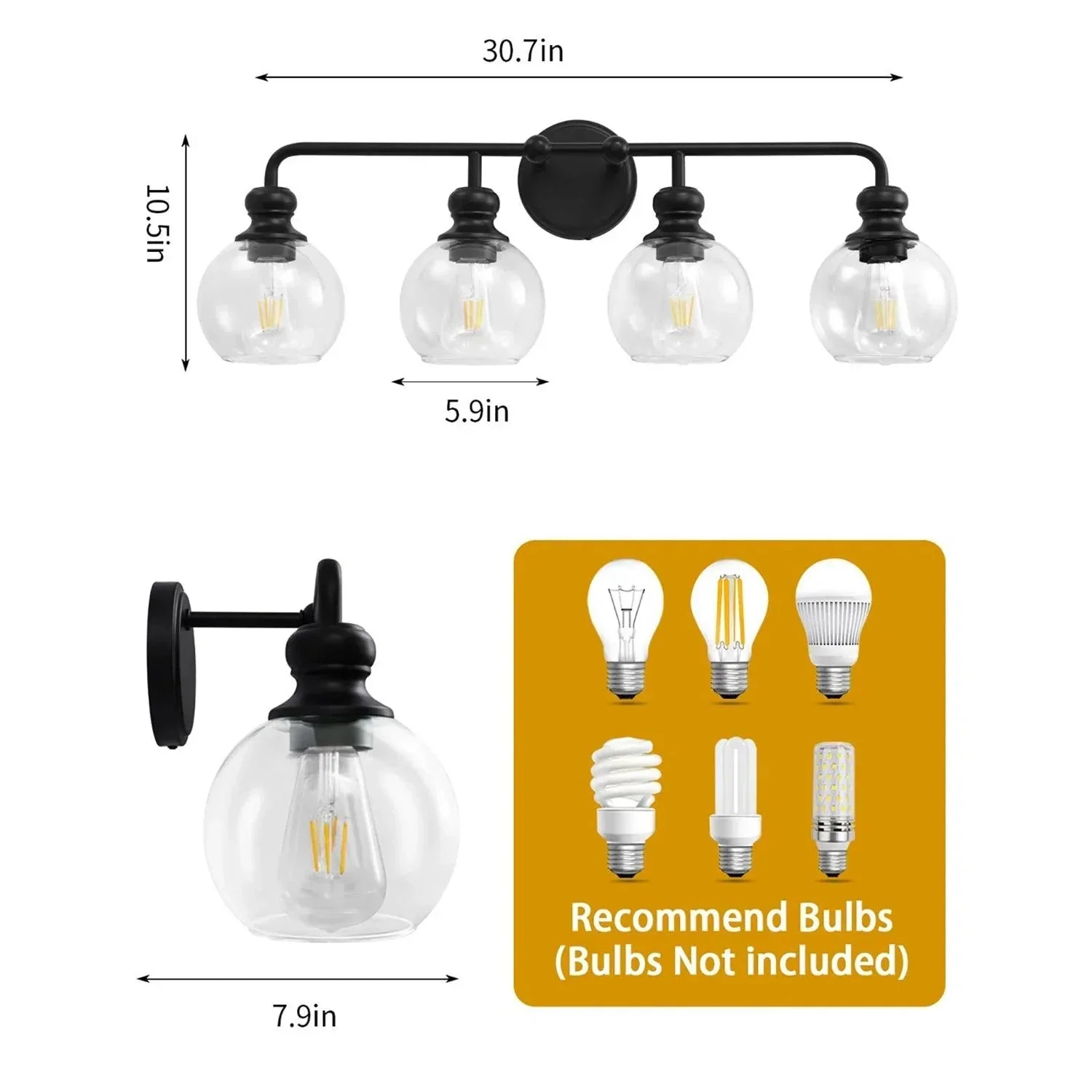 Parrot Uncle Irvine Black Modern Clear Glass 4-Light Vanity Light (3056-4BLACK) - Image 7