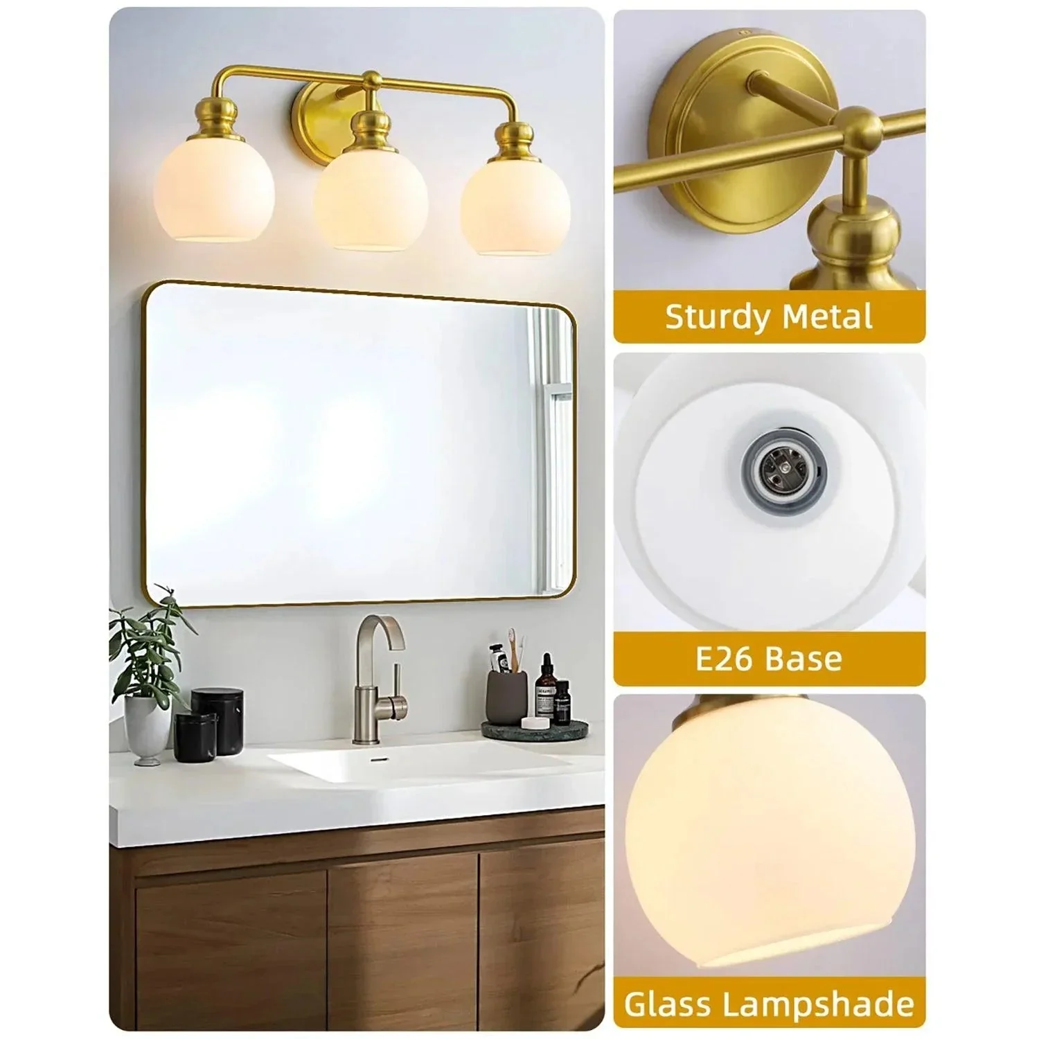 Parrot Uncle Irvine Gold Modern Frosted Glass 3-Light Vanity Light (3056-3G-WH) - Image 3