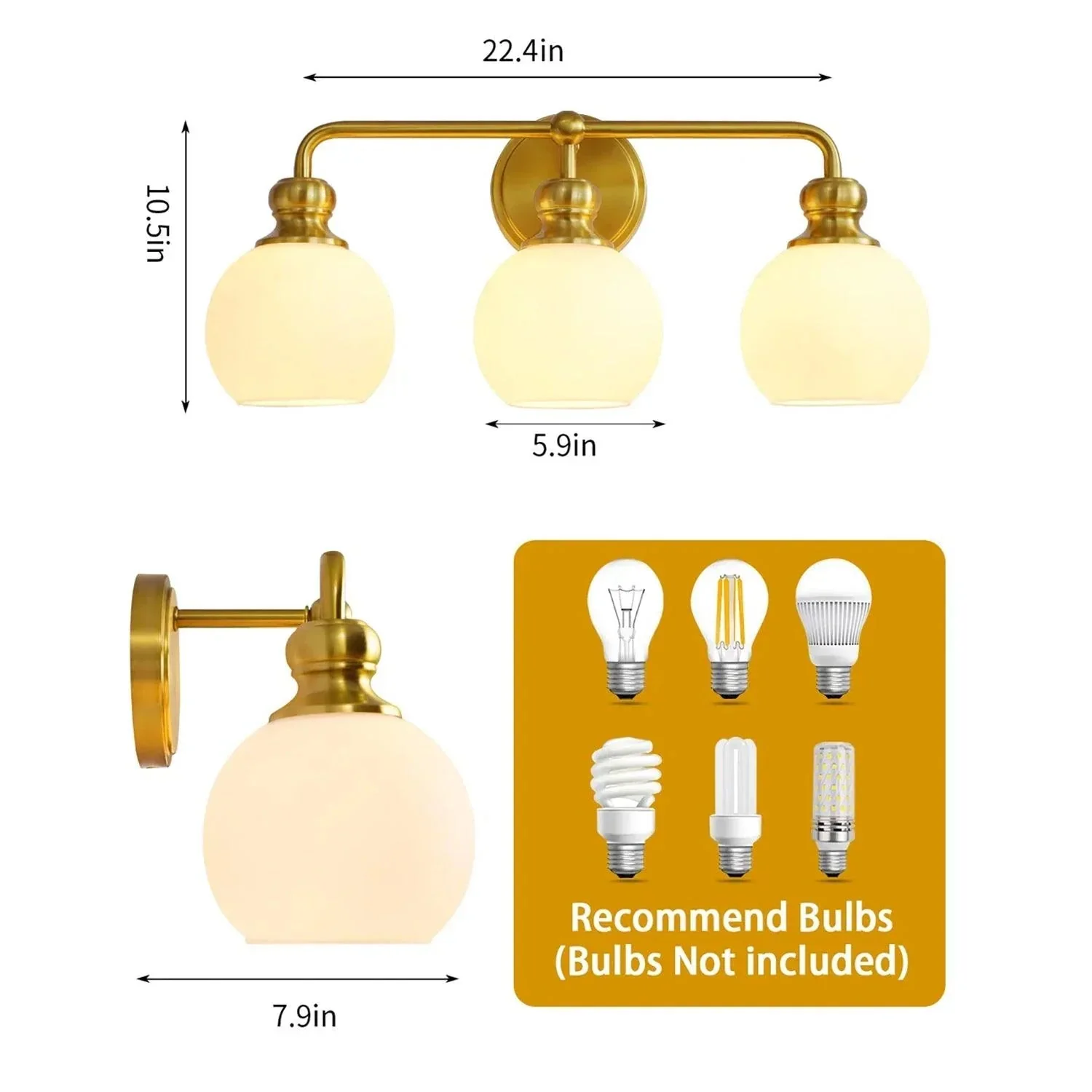 Parrot Uncle Irvine Gold Modern Frosted Glass 3-Light Vanity Light (3056-3G-WH) - Image 8