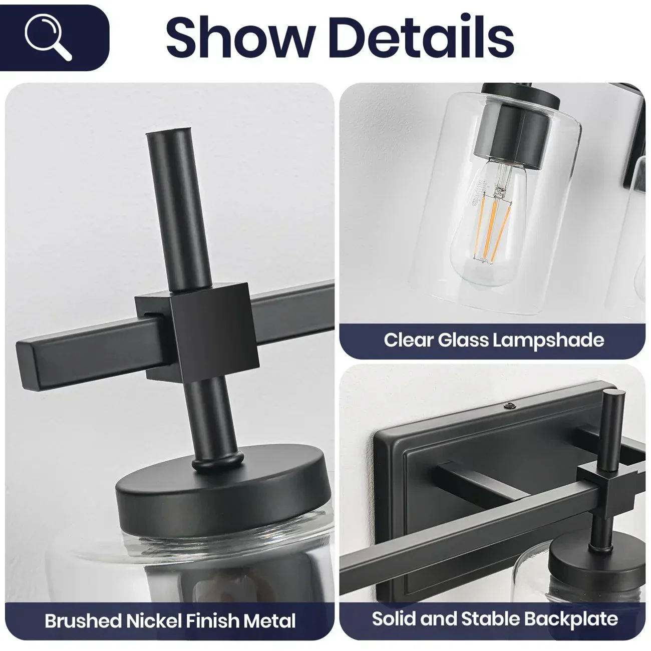 Parrot Uncle Jasper 3-Light Modern Clear Glass Bathroom Vanity Light, Black & Nickel - Image 3