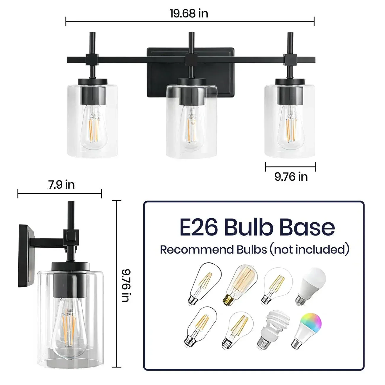 Parrot Uncle Jasper 3-Light Modern Clear Glass Bathroom Vanity Light, Black & Nickel - Image 7