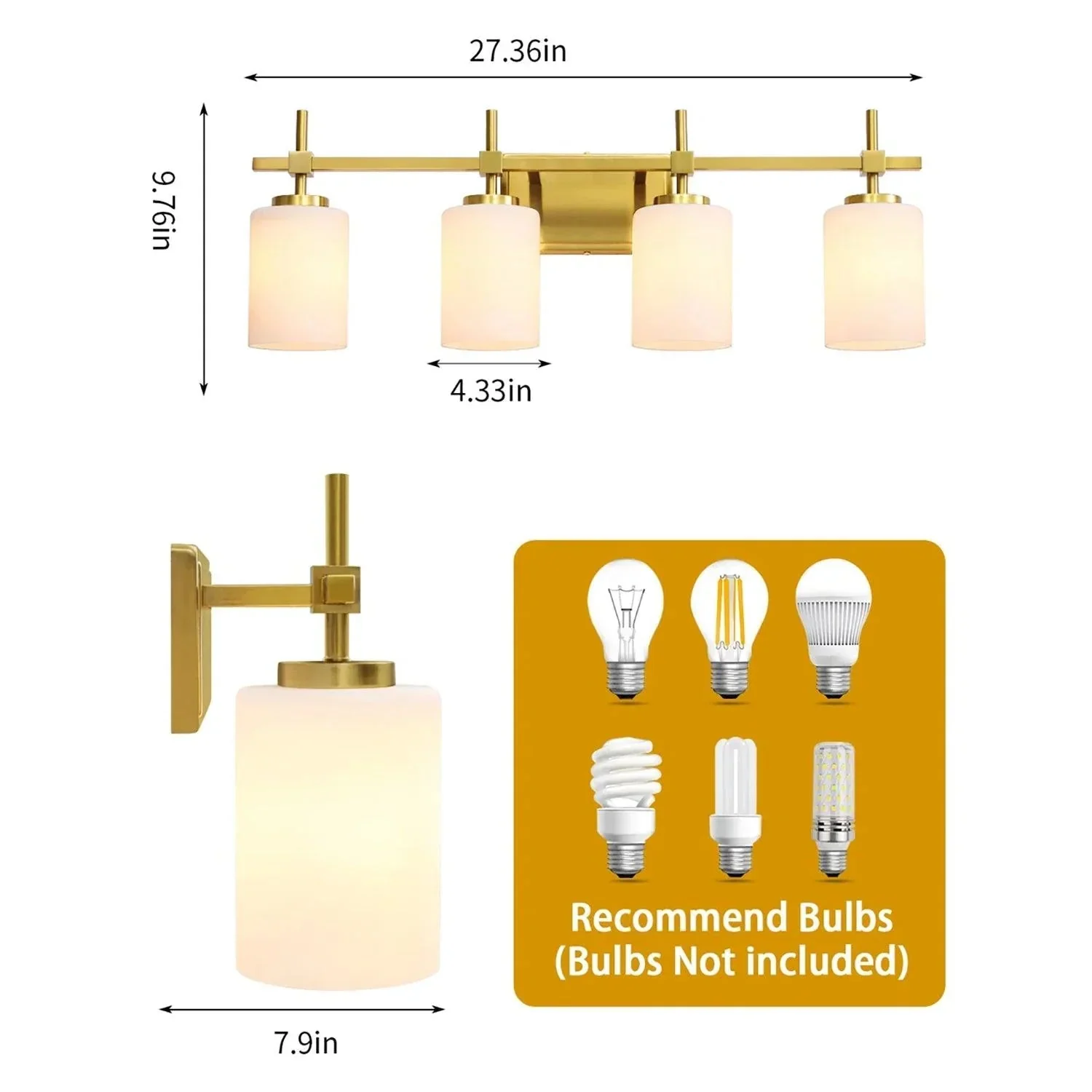 Jasper Gold Modern Frosted Glass 4-Light Bathroom Vanity Light - Image 7