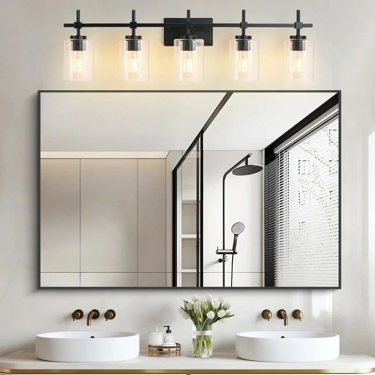 Parrot Uncle Jasper Modern Brushed Nickel & Black Clear Glass 5-Light Bathroom Linear Vanity Light - Image 14