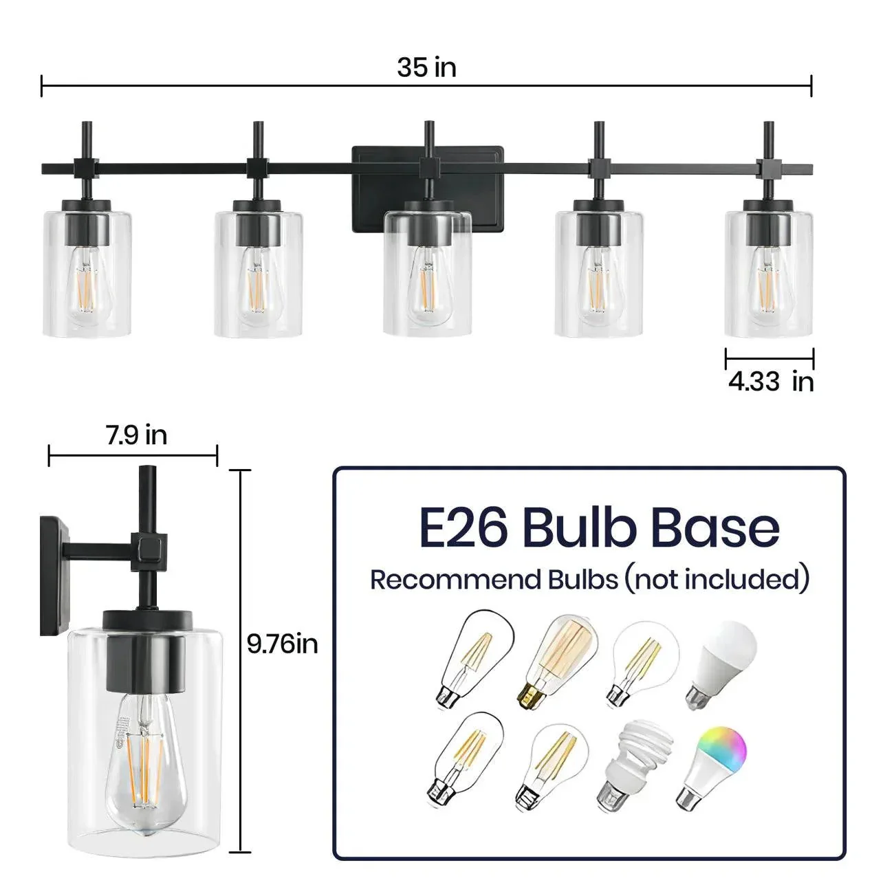 Parrot Uncle Jasper Modern Brushed Nickel & Black Clear Glass 5-Light Bathroom Linear Vanity Light - Image 15