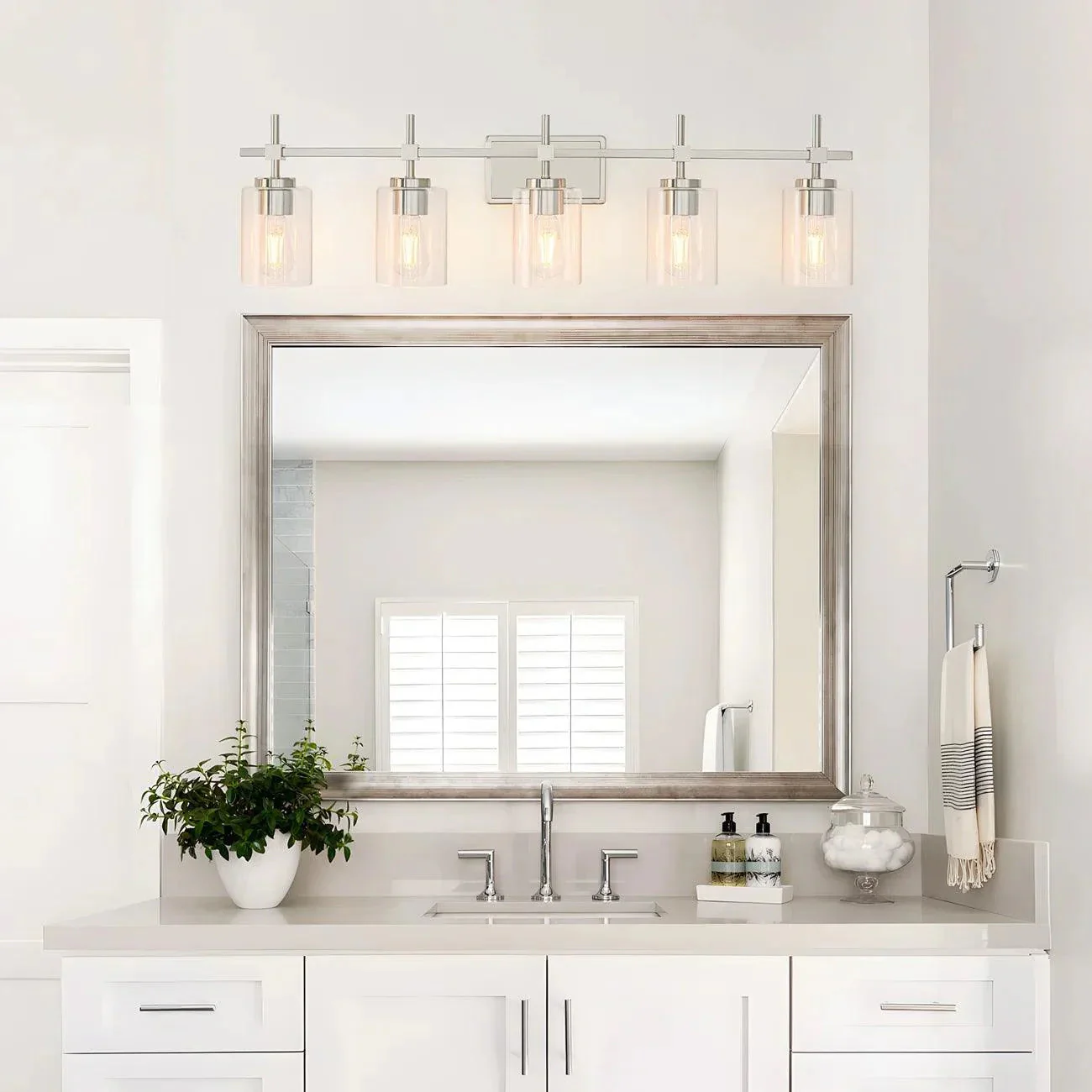 Parrot Uncle Jasper Modern Brushed Nickel & Black Clear Glass 5-Light Bathroom Linear Vanity Light - Image 4