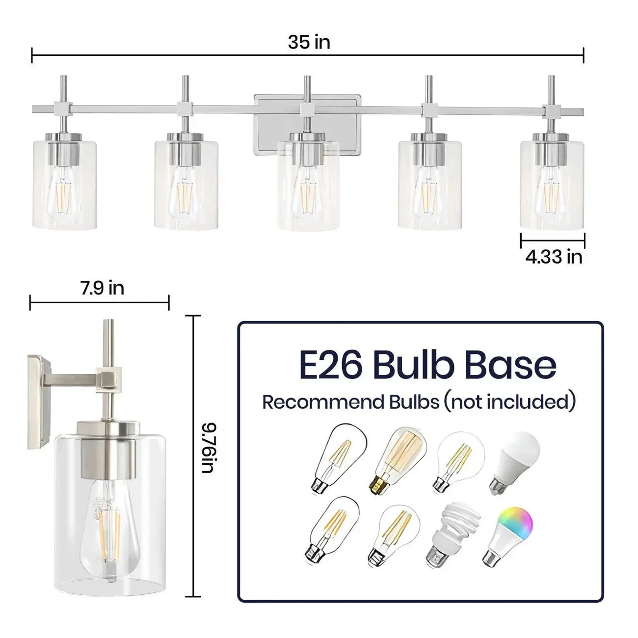 Parrot Uncle Jasper Modern Brushed Nickel & Black Clear Glass 5-Light Bathroom Linear Vanity Light - Image 8