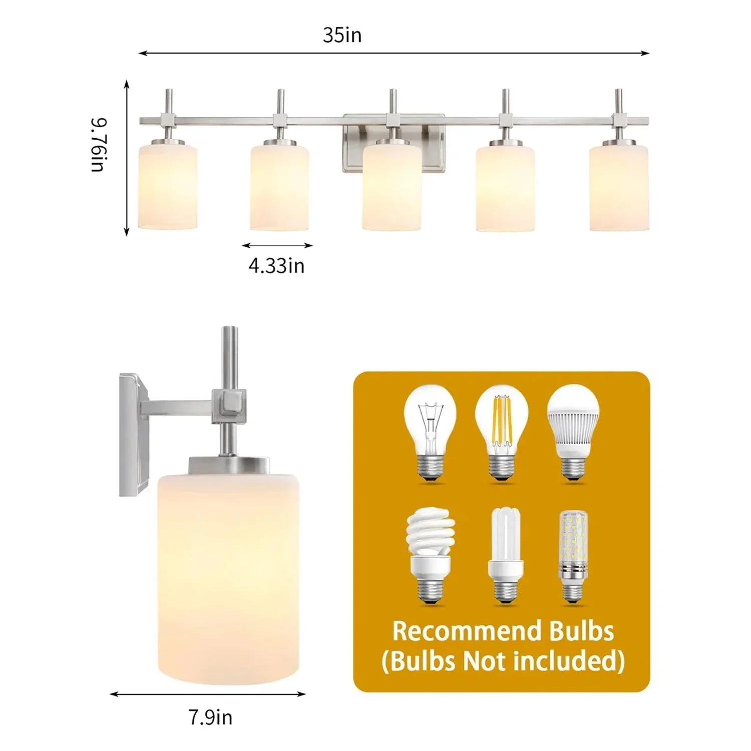 Parrot Uncle Jasper Modern Frosted Glass 5-Light Bathroom Linear Vanity Light - Image 15