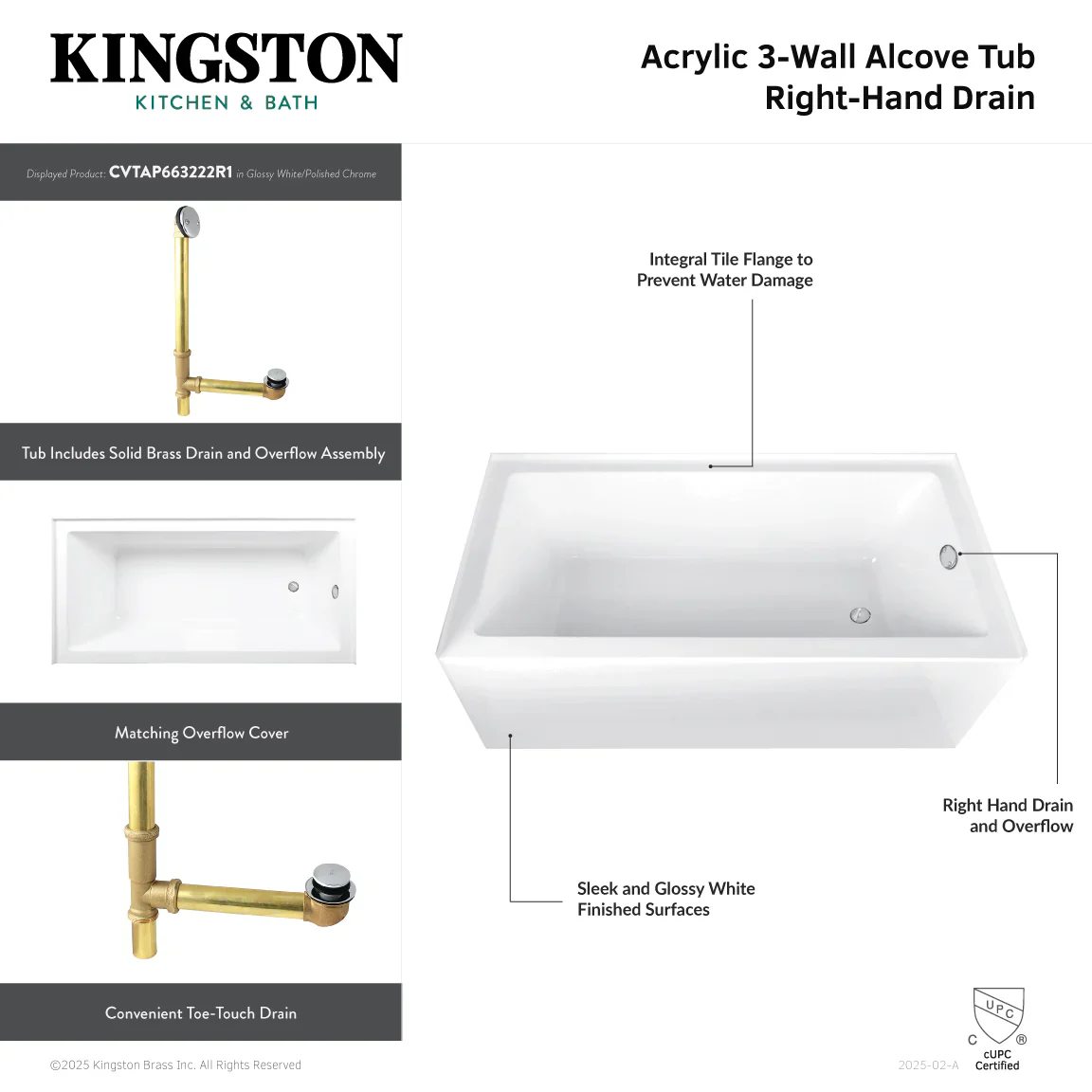 Kingston Brass Aqua Eden 66" Acrylic Rectangular 3-Wall Alcove Tub Combo with Waste and Overflow Drain (Right Hand Drain), Glossy White/Polished Chrome (CVTAP663222R1) - Image 4