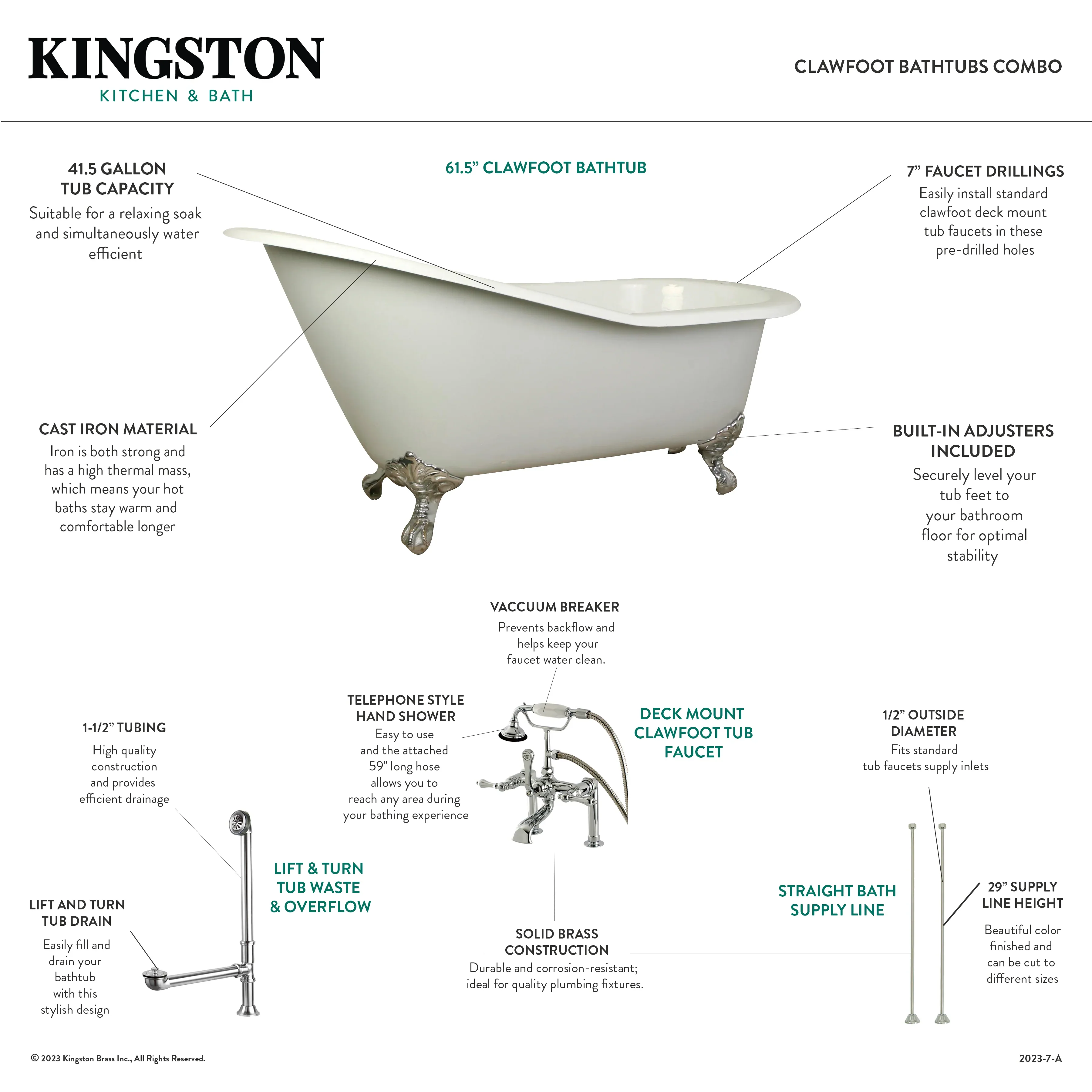 Kingston Brass Aqua Eden 62" Cast Iron Oval Single Slipper Clawfoot Tub with Faucet Drain and Supply Lines Combo, White/Brushed Nickel (KCT7D653129C8) - Image 3