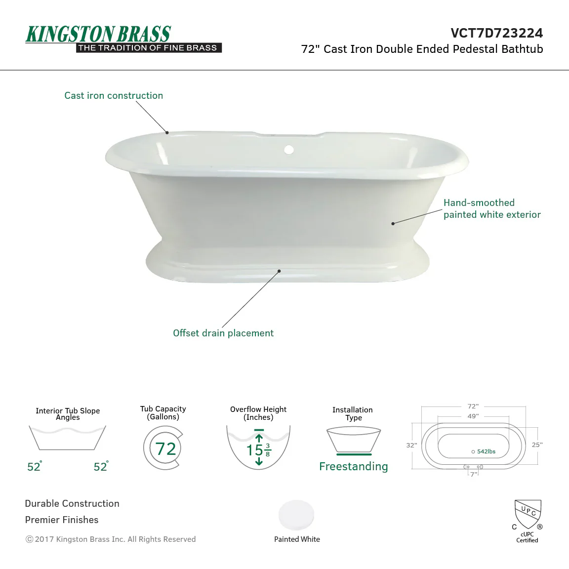 Kingston Brass Aqua Eden 72" Cast Iron Oval Double Ended Pedestal Tub (7" Faucet Drillings), White (VCT7D723224) - Image 3