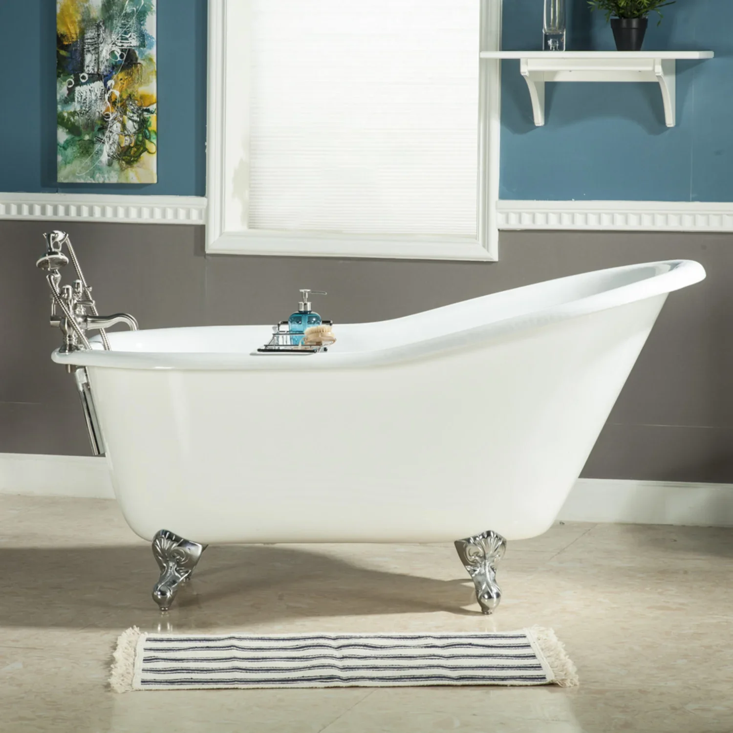 Kingston Brass Aqua Eden 60" Cast Iron Oval Single Slipper Clawfoot Tub, No Faucet Drillings, White/Polished Chrome (VCTND6030NT1) - Image 2