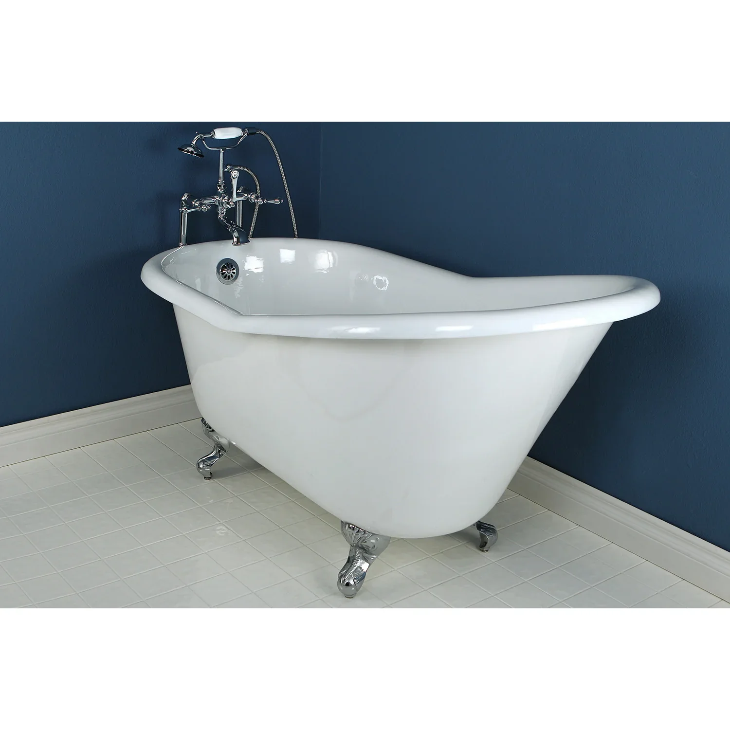 Kingston Brass Aqua Eden 60" Cast Iron Oval Single Slipper Clawfoot Tub, No Faucet Drillings, White/Polished Chrome (VCTND6030NT1) - Image 3