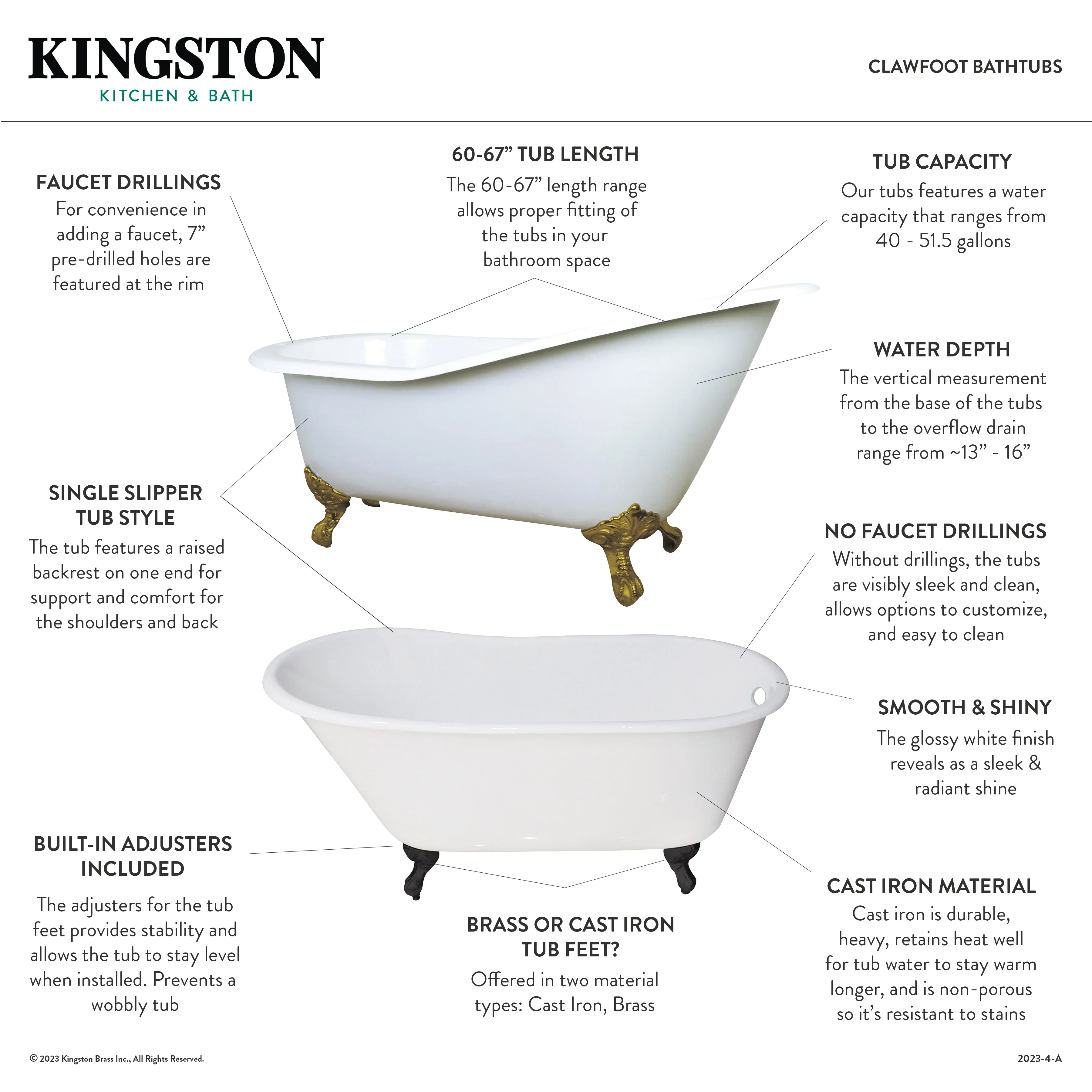 Kingston Brass Aqua Eden 60" Cast Iron Oval Single Slipper Clawfoot Tub, No Faucet Drillings, White/Brushed Nickel (VCTND6030NT8) - Image 4