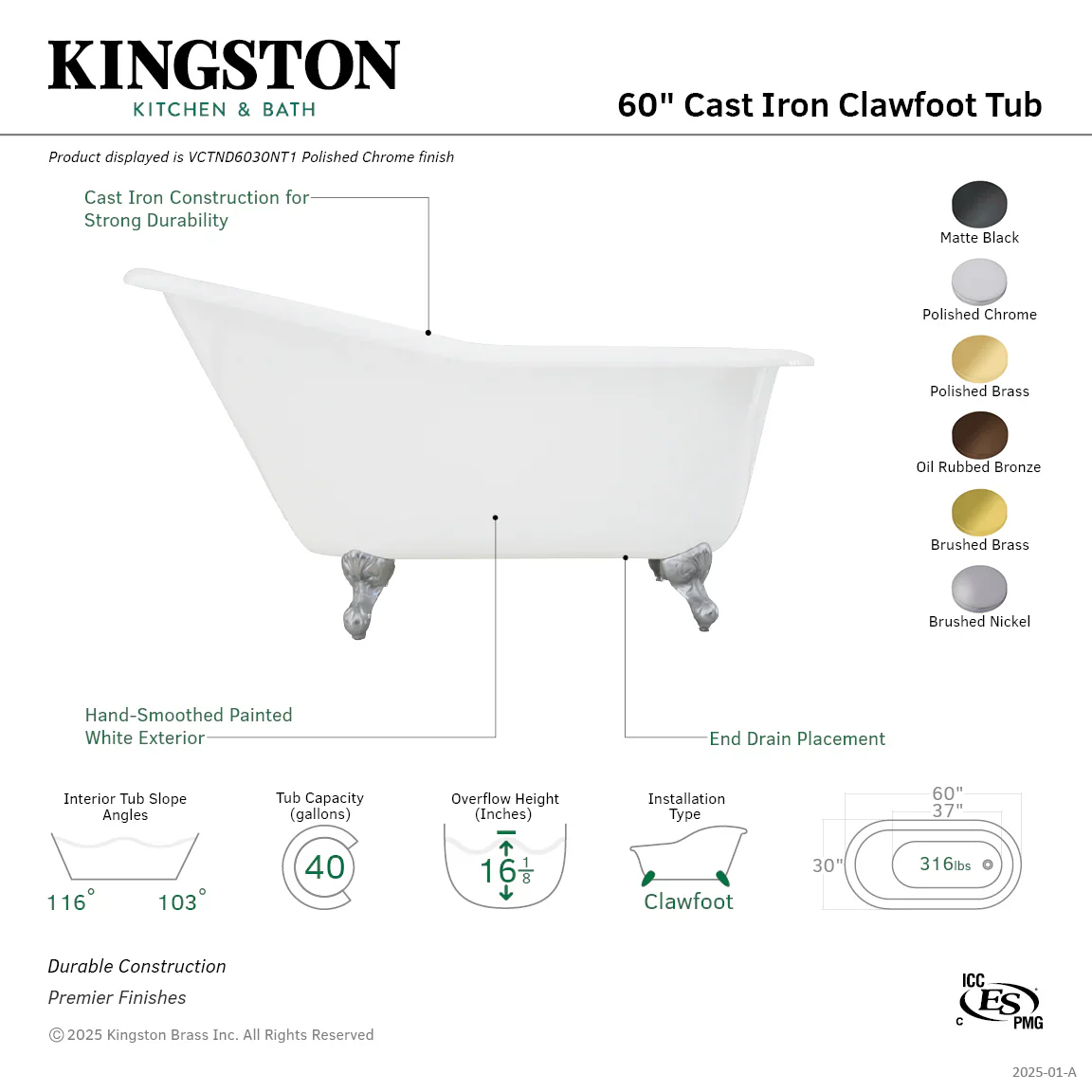 Kingston Brass Aqua Eden 60" Cast Iron Oval Single Slipper Clawfoot Tub, No Faucet Drillings, White/Brushed Nickel (VCTND6030NT8) - Image 5