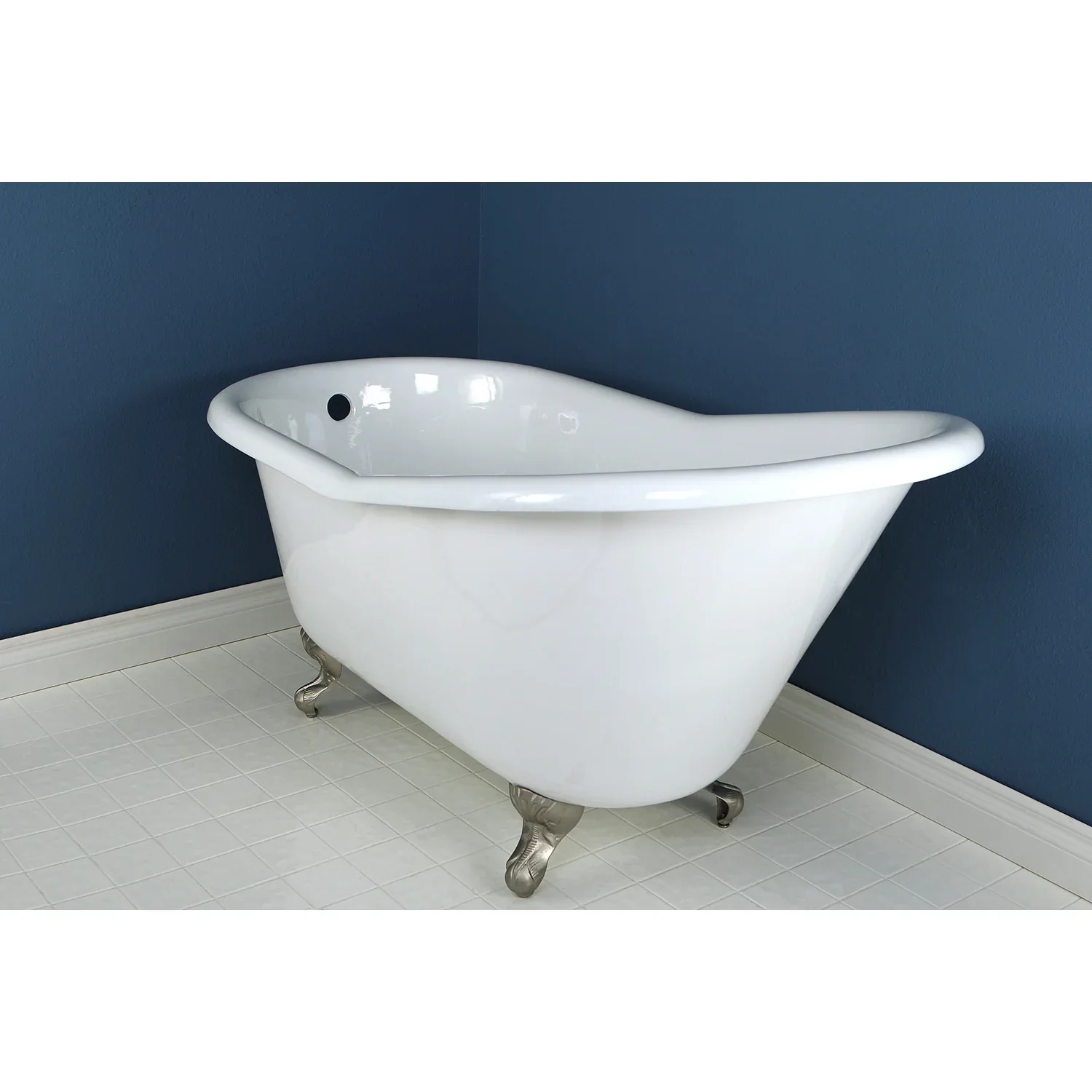 Kingston Brass Aqua Eden 60" Cast Iron Oval Single Slipper Clawfoot Tub, No Faucet Drillings, White/Brushed Nickel (VCTND6030NT8) - Image 2