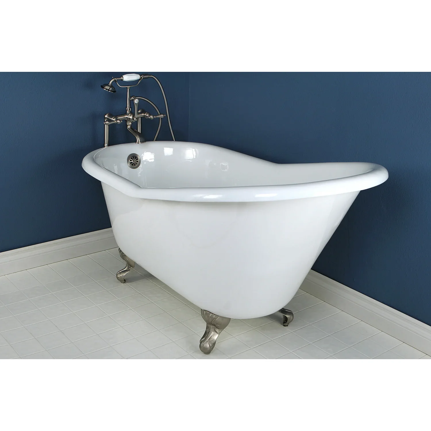 Kingston Brass Aqua Eden 60" Cast Iron Oval Single Slipper Clawfoot Tub, No Faucet Drillings, White/Brushed Nickel (VCTND6030NT8) - Image 3