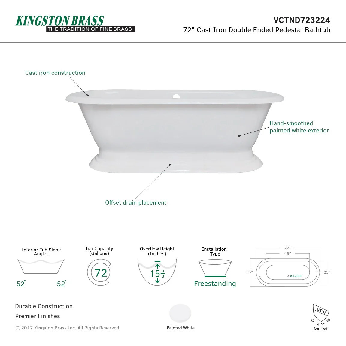 Kingston Brass Aqua Eden 72" Cast Iron Oval Double Ended Pedestal Tub (No Faucet Drillings), White (VCTND723224) - Image 3