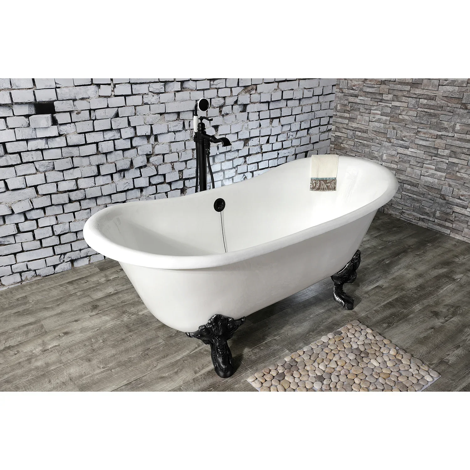 Kingston Brass Aqua Eden 67" Cast Iron Oval Double Slipper Clawfoot Tub (No Faucet Drillings), White/Matte Black (VCTNDS6731NL0) - Image 2