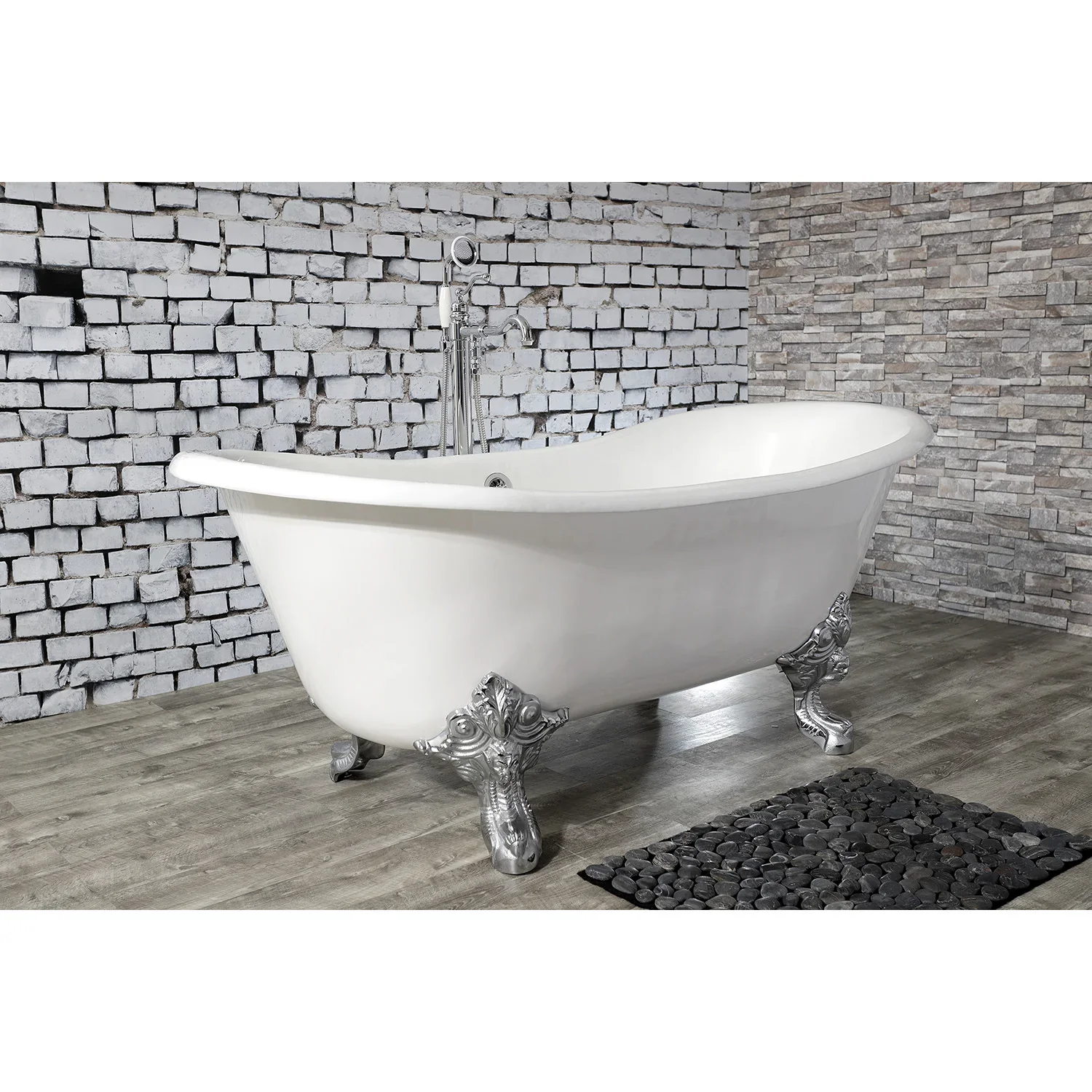 Kingston Brass Aqua Eden 67" Cast Iron Oval Double Slipper Clawfoot Tub (No Faucet Drillings), White/Polished Chrome (VCTNDS6731NL1) - Image 2