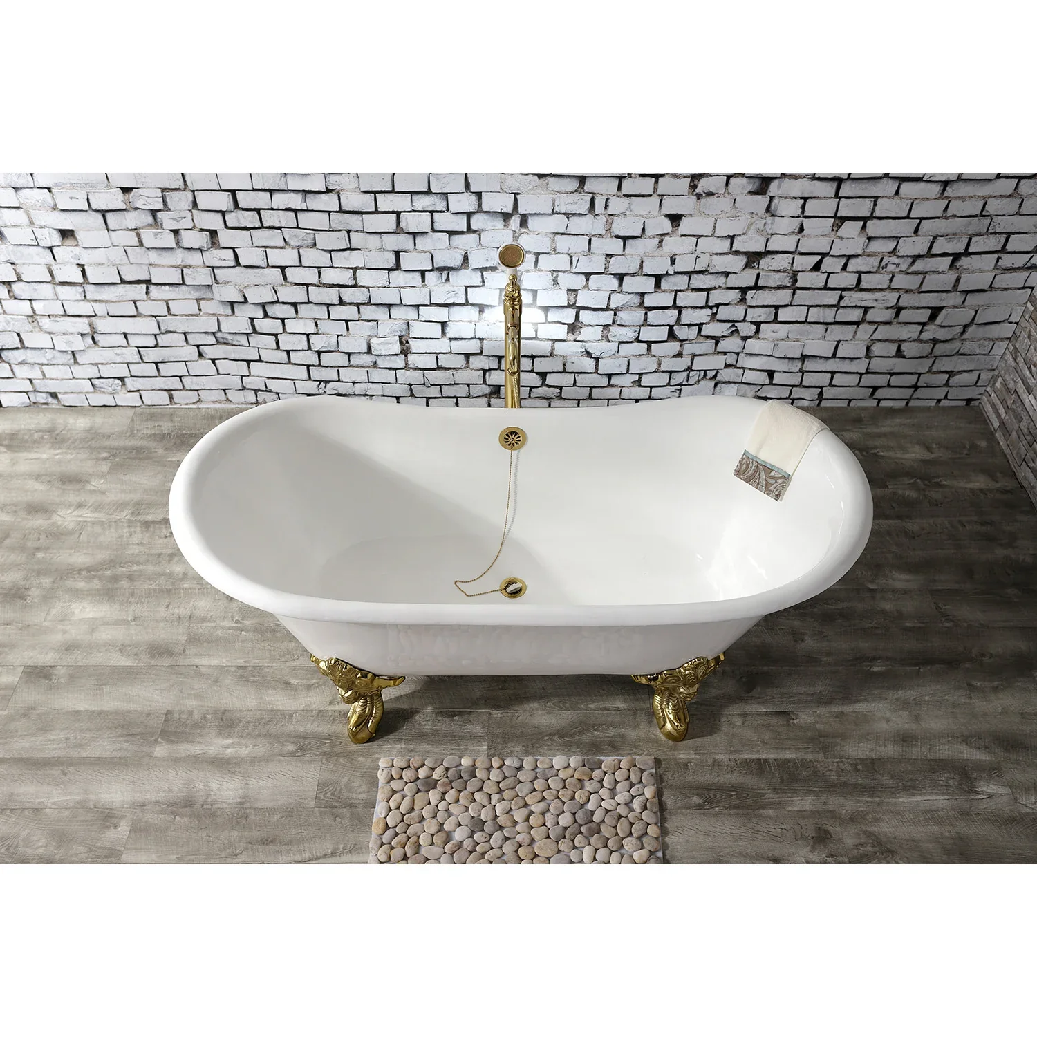 Kingston Brass Aqua Eden 67" Cast Iron Oval Double Slipper Clawfoot Tub (No Faucet Drillings), White/Polished Brass (VCTNDS6731NL2) - Image 2