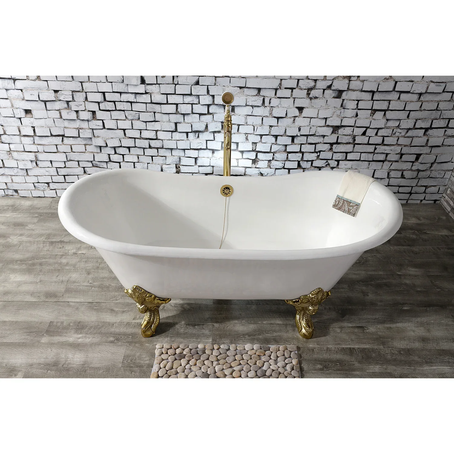 Kingston Brass Aqua Eden 67" Cast Iron Oval Double Slipper Clawfoot Tub (No Faucet Drillings), White/Polished Brass (VCTNDS6731NL2) - Image 3