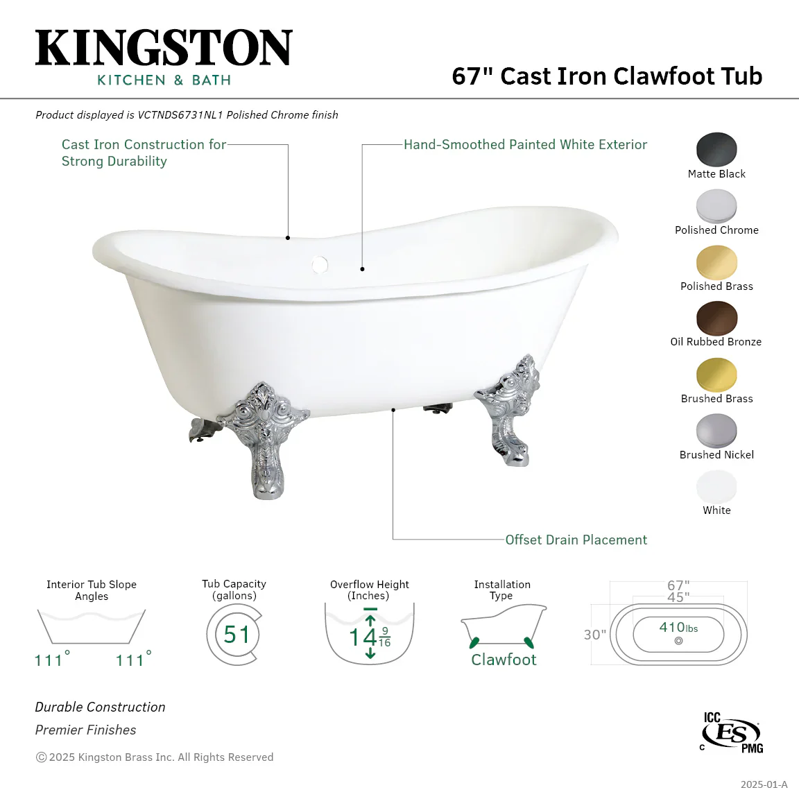 Kingston Brass Aqua Eden 67" Cast Iron Oval Double Slipper Clawfoot Tub (No Faucet Drillings), White/Brushed Nickel (VCTNDS6731NL8) - Image 6