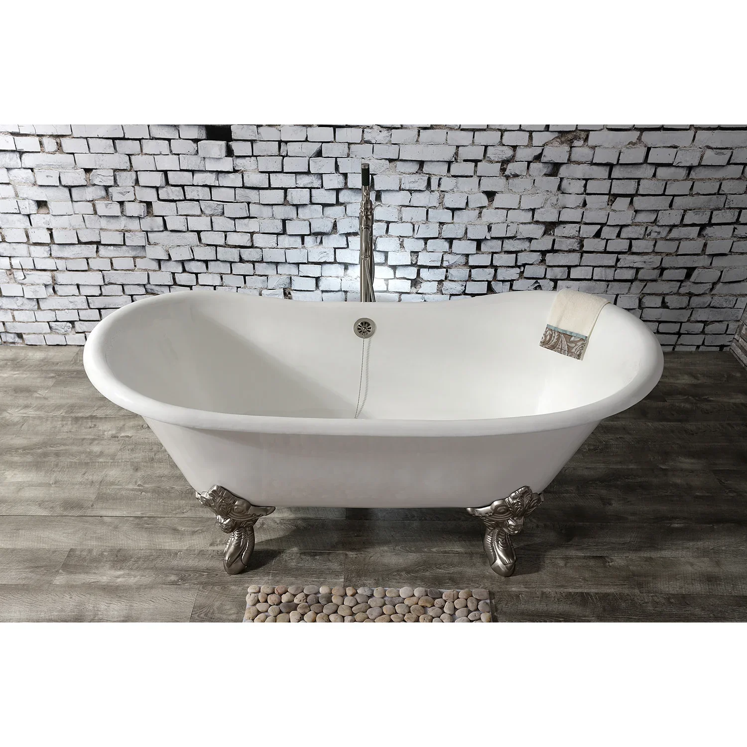 Kingston Brass Aqua Eden 67" Cast Iron Oval Double Slipper Clawfoot Tub (No Faucet Drillings), White/Brushed Nickel (VCTNDS6731NL8) - Image 2